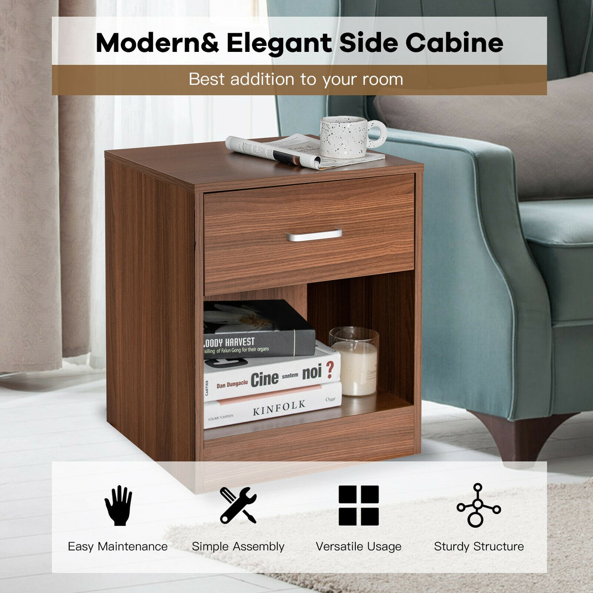 Modern Nightstand with Storage Drawer and Cabinet-Brown-Nightstands-DECOROLALA