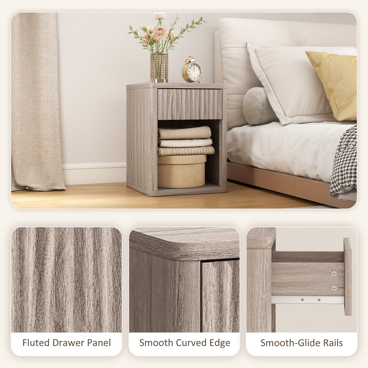 Modern Nightstands Set of 2 - Grey Fluted Bedside Tables-Home Furnishings > Bedroom Furniture > Bedside Tables-DECOROLALA