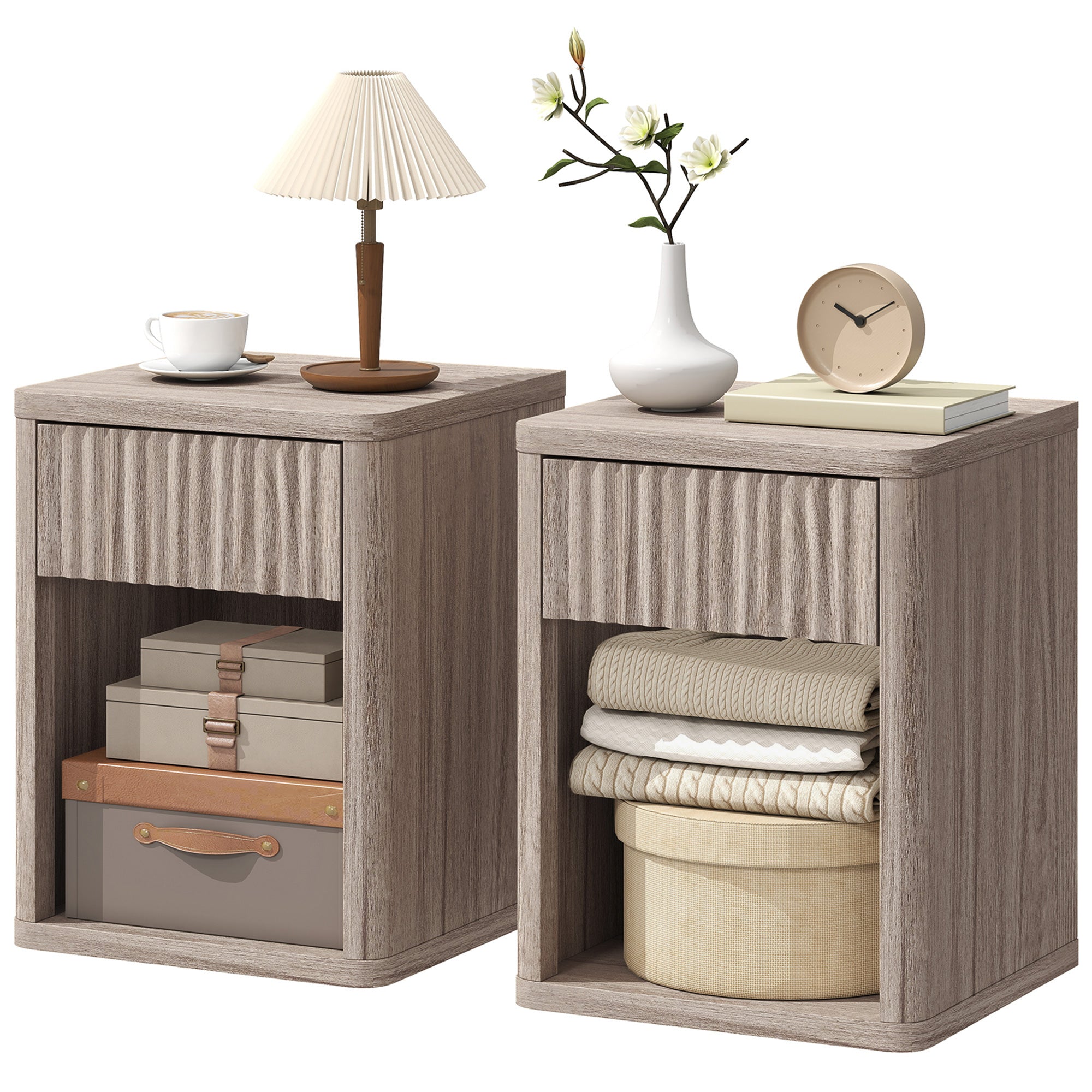 Modern Nightstands Set of 2 - Grey Fluted Bedside Tables-Home Furnishings > Bedroom Furniture > Bedside Tables-DECOROLALA