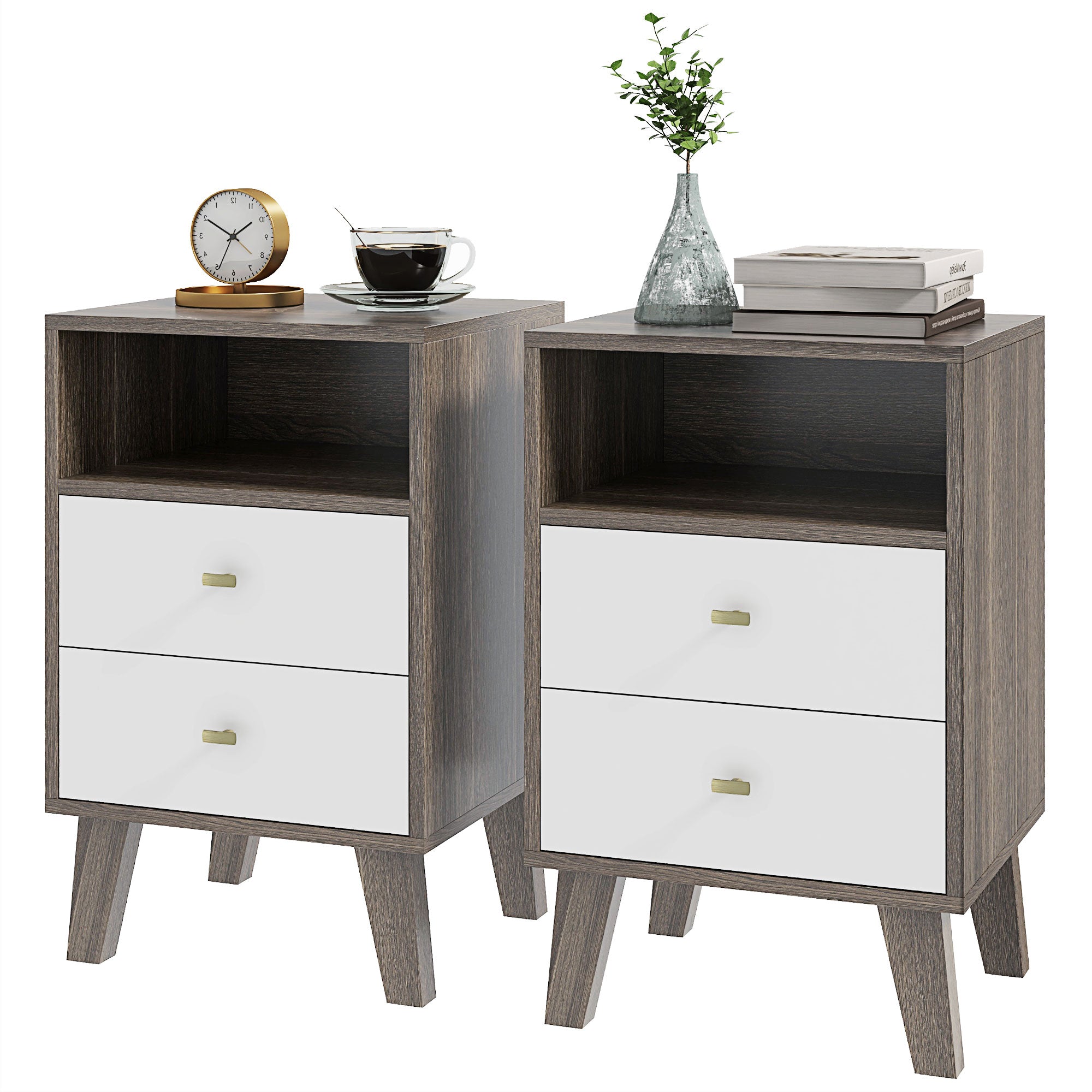 Modern Nightstands Set of 2 - Grey with 2 Drawers-Home Furnishings > Bedroom Furniture > Bedside Tables-DECOROLALA