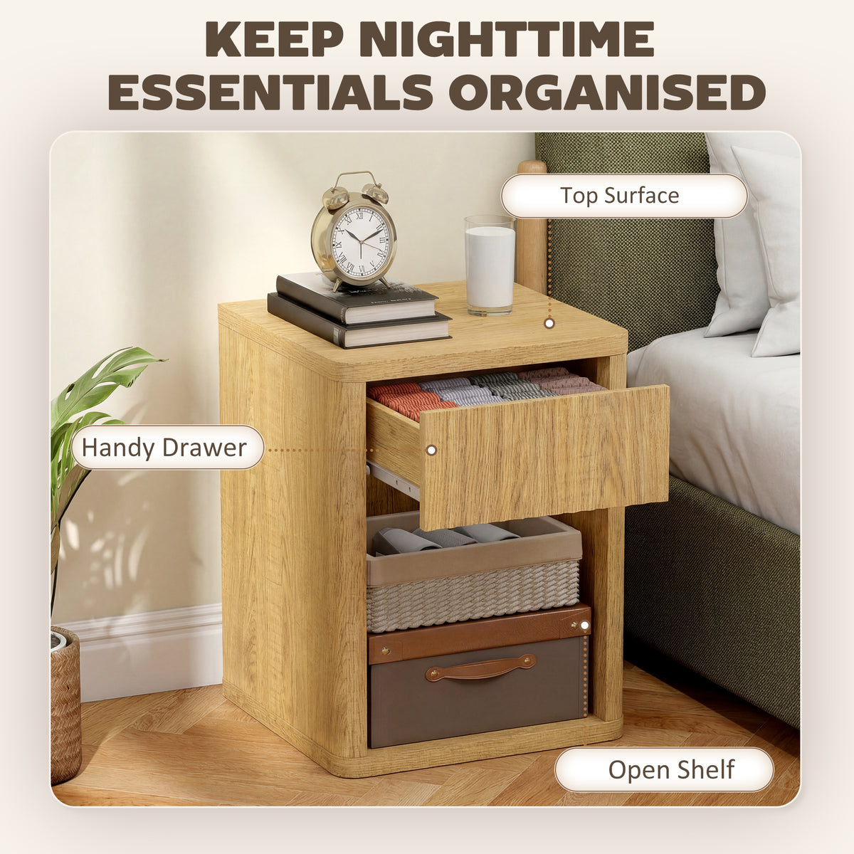 Modern Nightstands Set of 2 - Oak Bedside Tables with Drawer-Home Furnishings > Bedroom Furniture > Bedside Tables-DECOROLALA