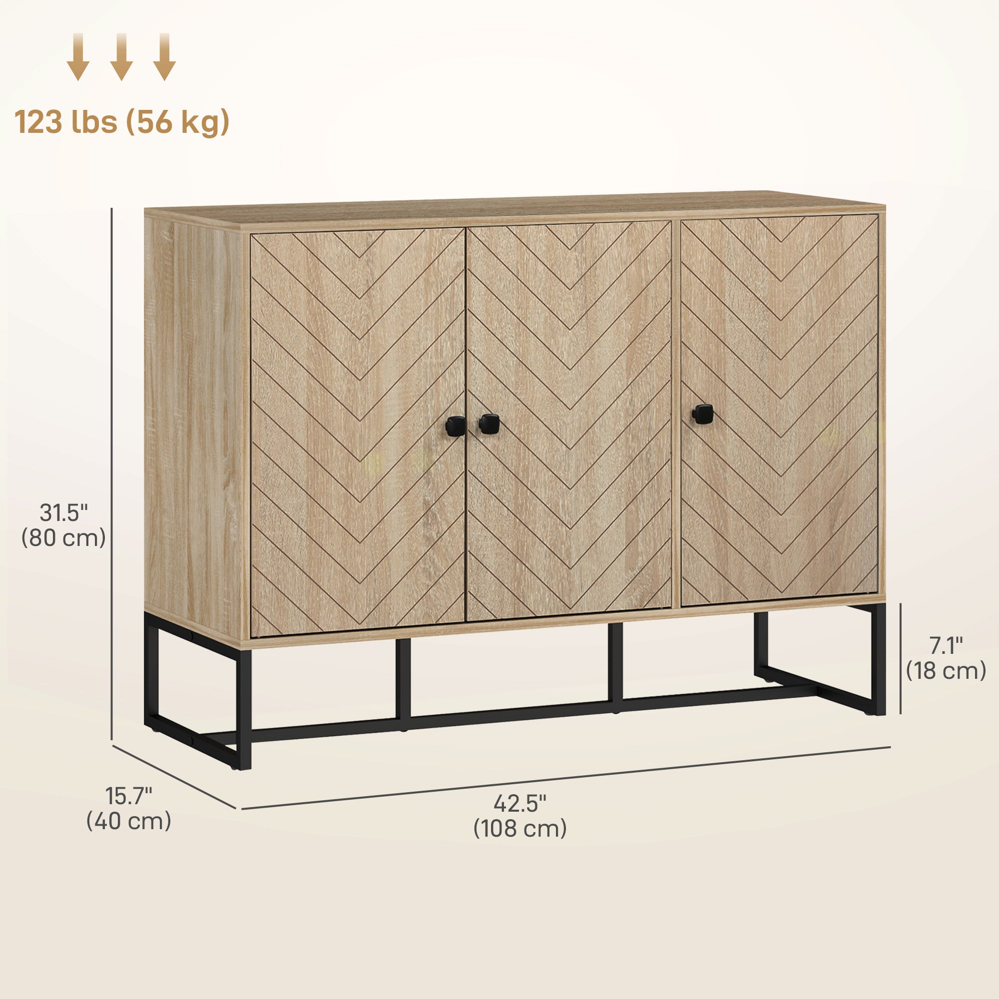 Modern Oak Sideboard with Adjustable Shelves, Chevron Doors, for Living Room or Hallway-DECOROLALA