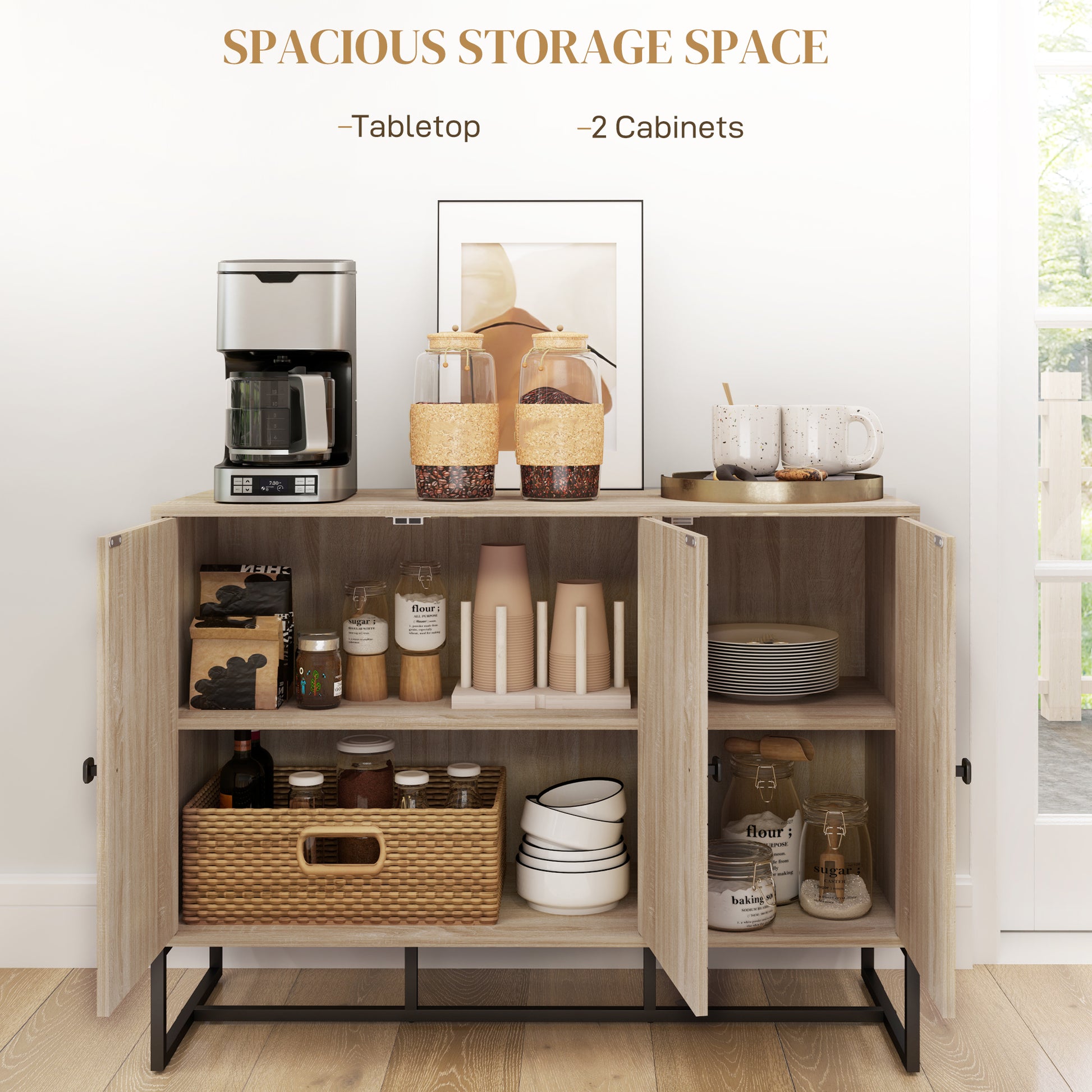 Modern Oak Sideboard with Adjustable Shelves, Chevron Doors, for Living Room or Hallway-DECOROLALA