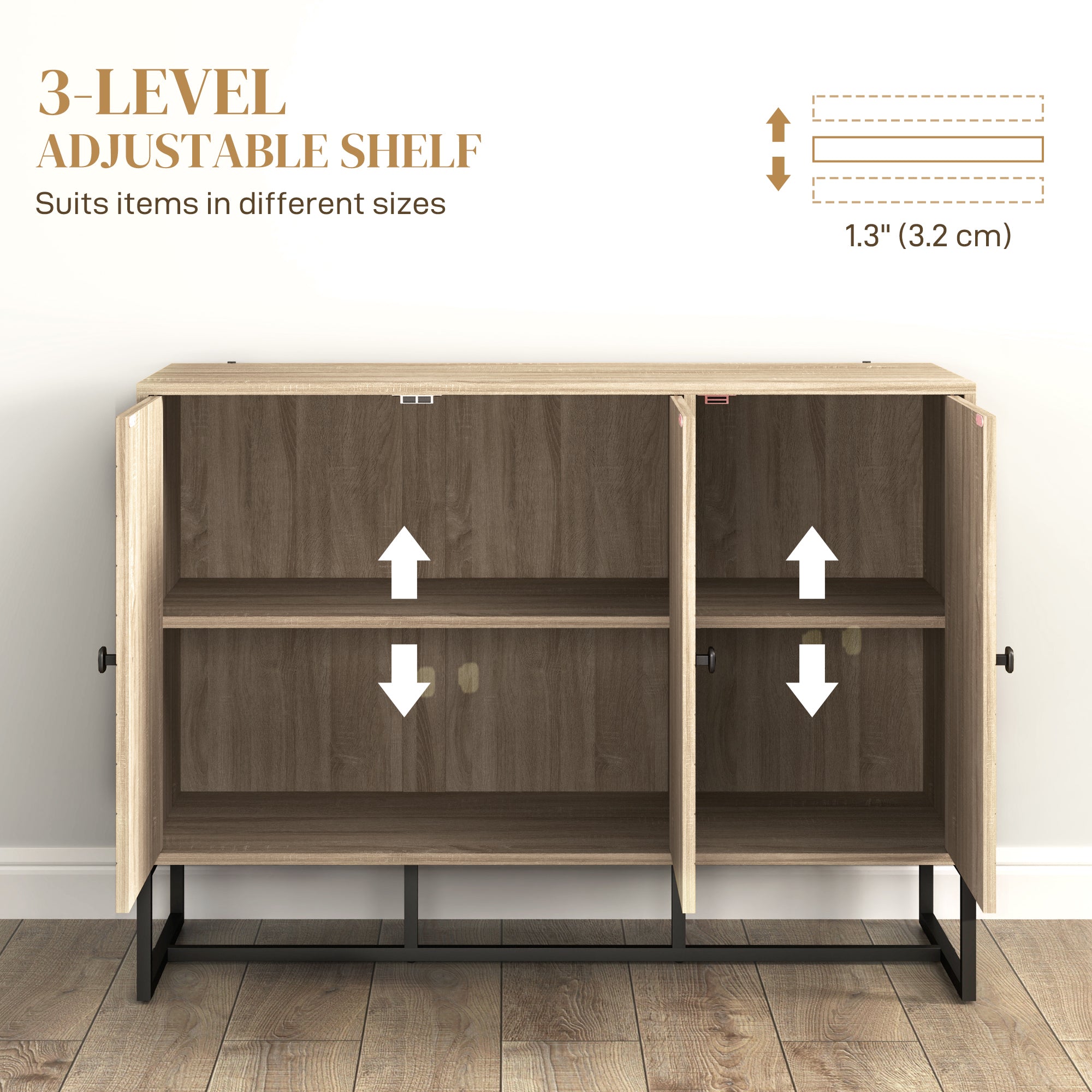 Modern Oak Sideboard with Adjustable Shelves, Chevron Doors, for Living Room or Hallway-DECOROLALA