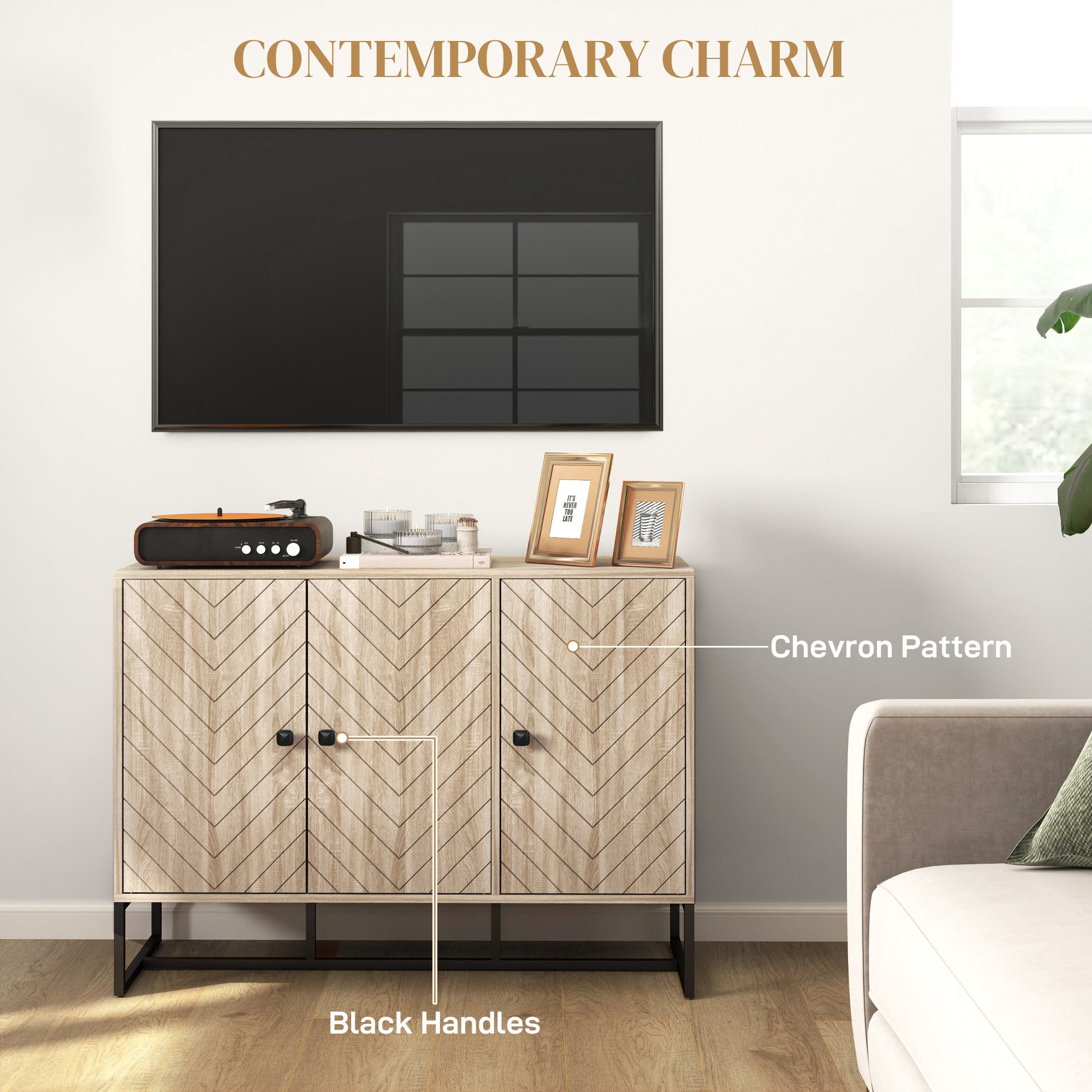 Modern Oak Sideboard with Adjustable Shelves, Chevron Doors, for Living Room or Hallway-DECOROLALA