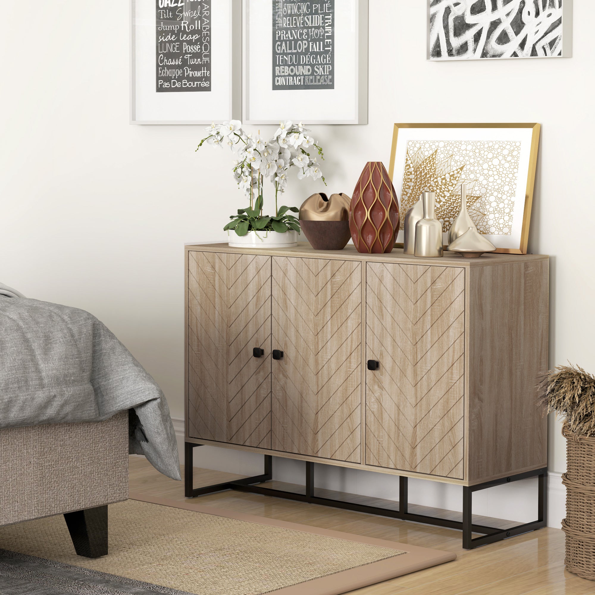 Modern Oak Sideboard with Adjustable Shelves, Chevron Doors, for Living Room or Hallway-DECOROLALA