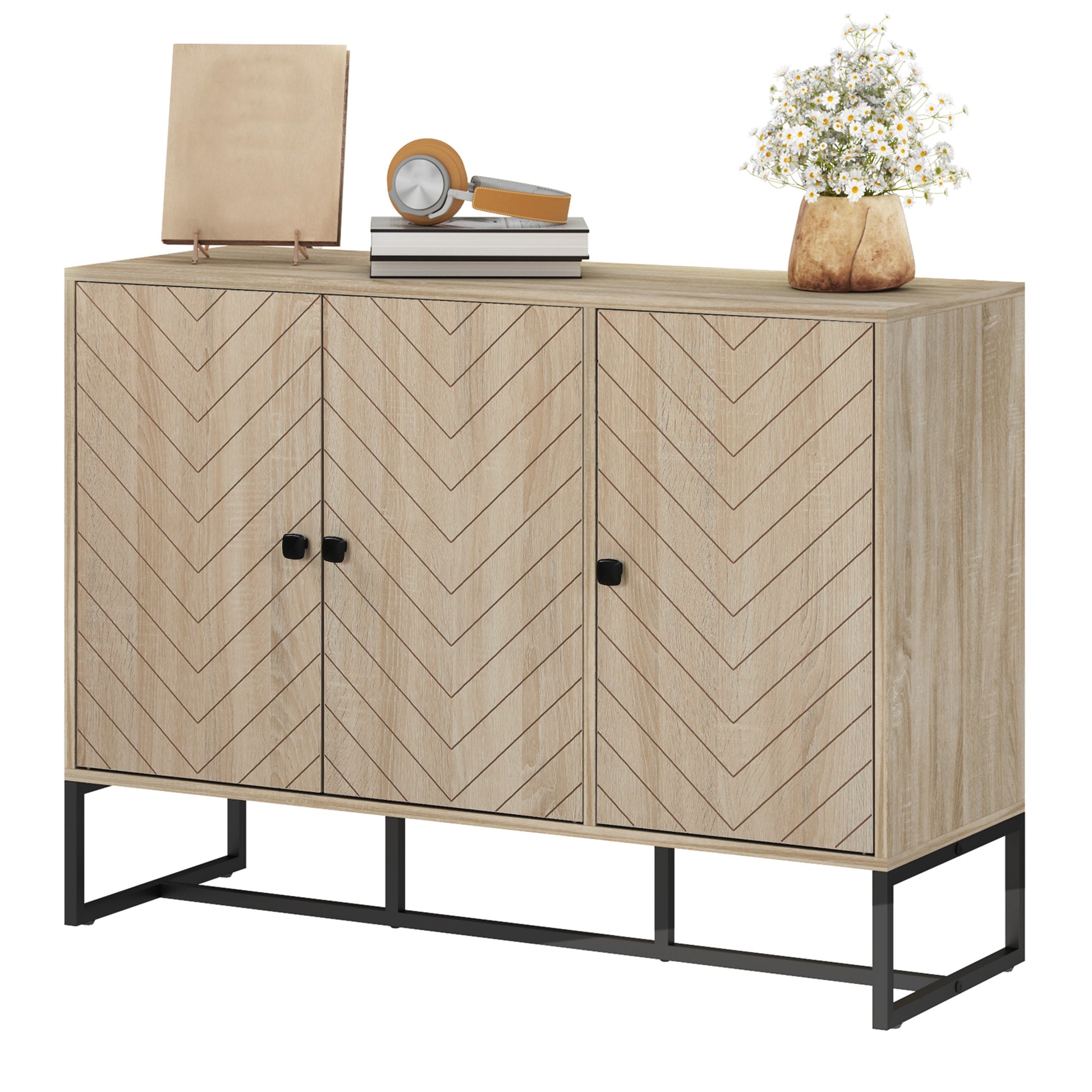 Modern Oak Sideboard with Adjustable Shelves, Chevron Doors, for Living Room or Hallway-DECOROLALA