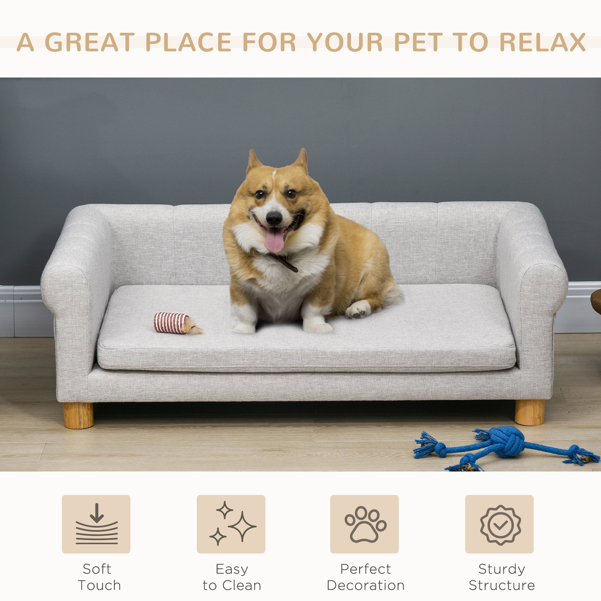 Modern Pet Sofa Dog Bed - Light Grey Faux Linen 42"-DECOROLALA