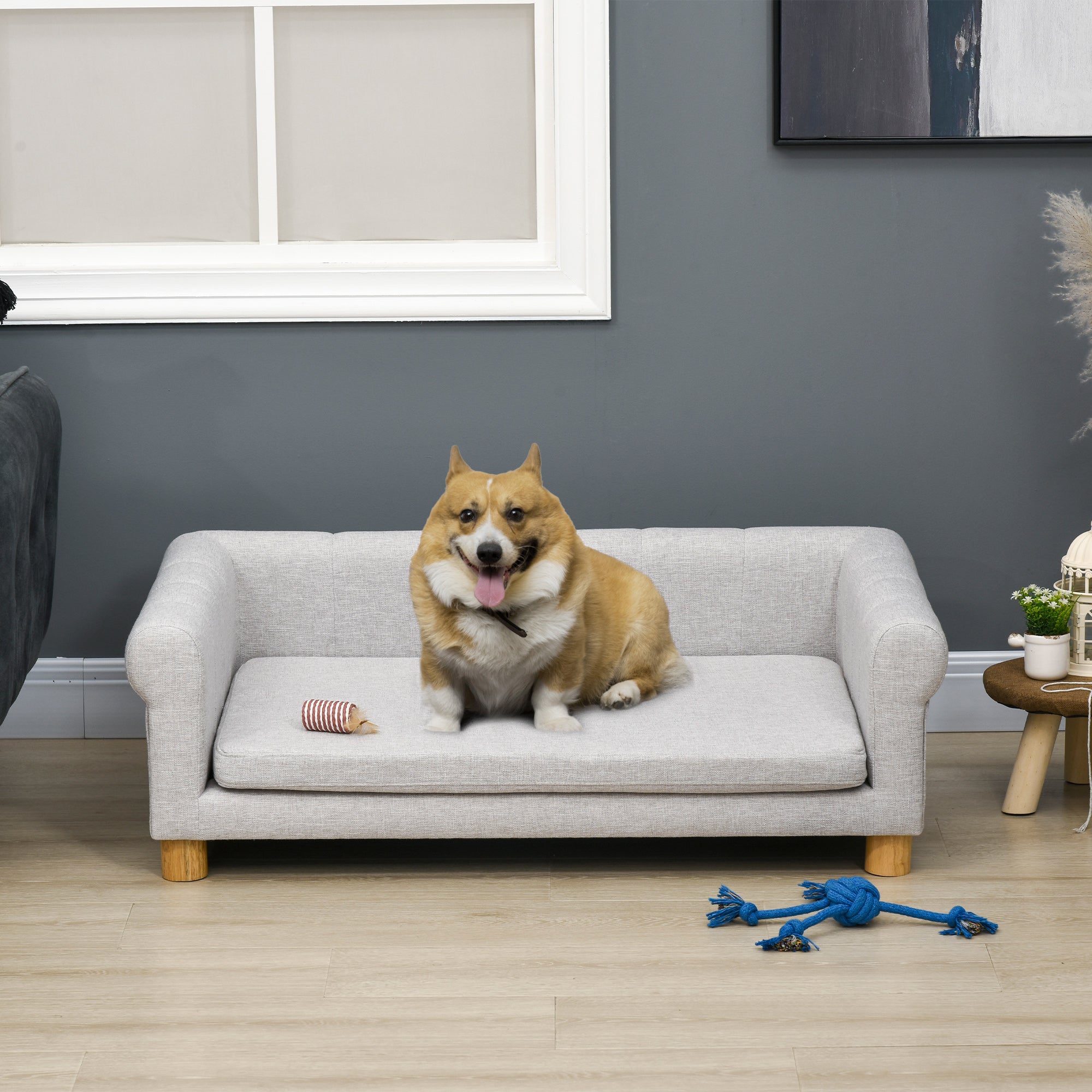 Modern Pet Sofa Dog Bed - Light Grey Faux Linen 42"-DECOROLALA