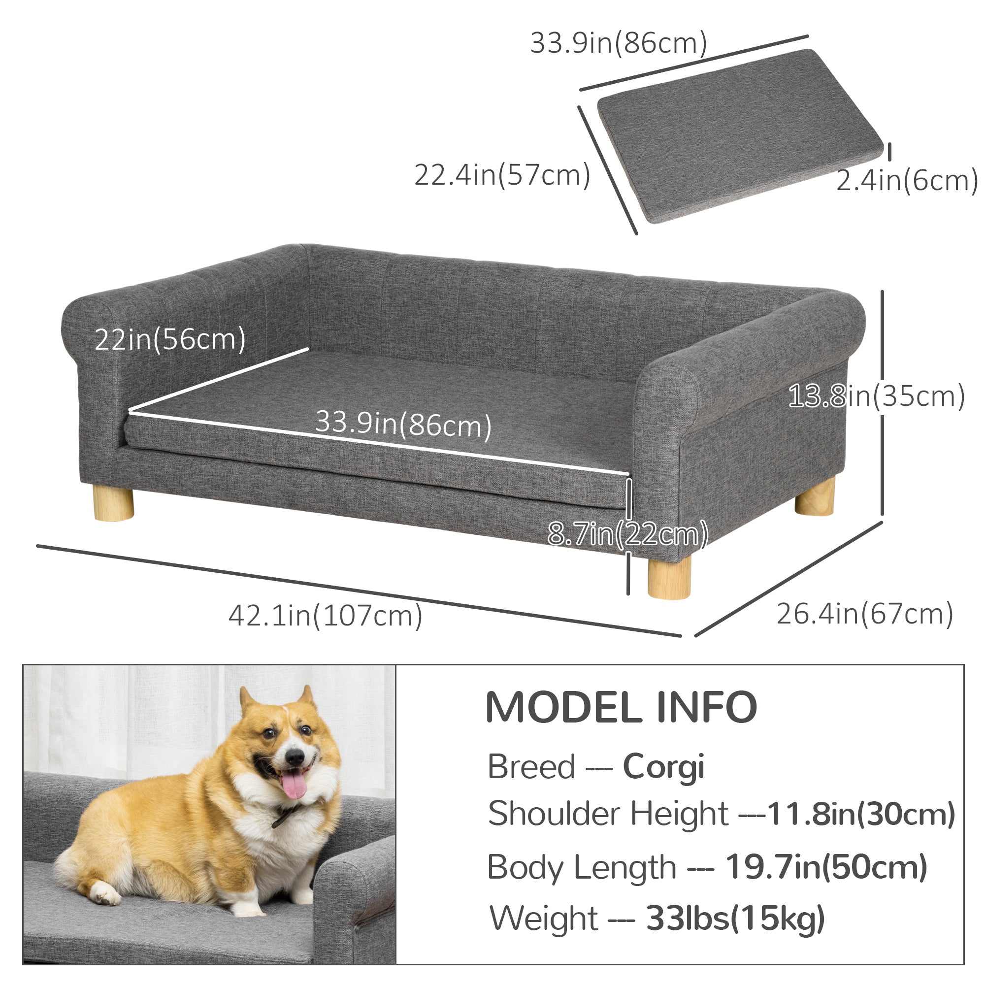 Modern Pet Sofa Dog Bed with Removable Cushion - Dark Grey-DECOROLALA