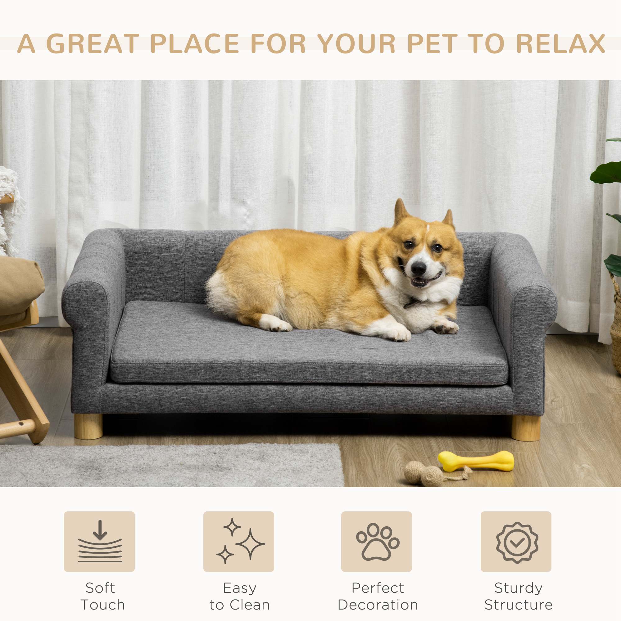 Modern Pet Sofa Dog Bed with Removable Cushion - Dark Grey-DECOROLALA