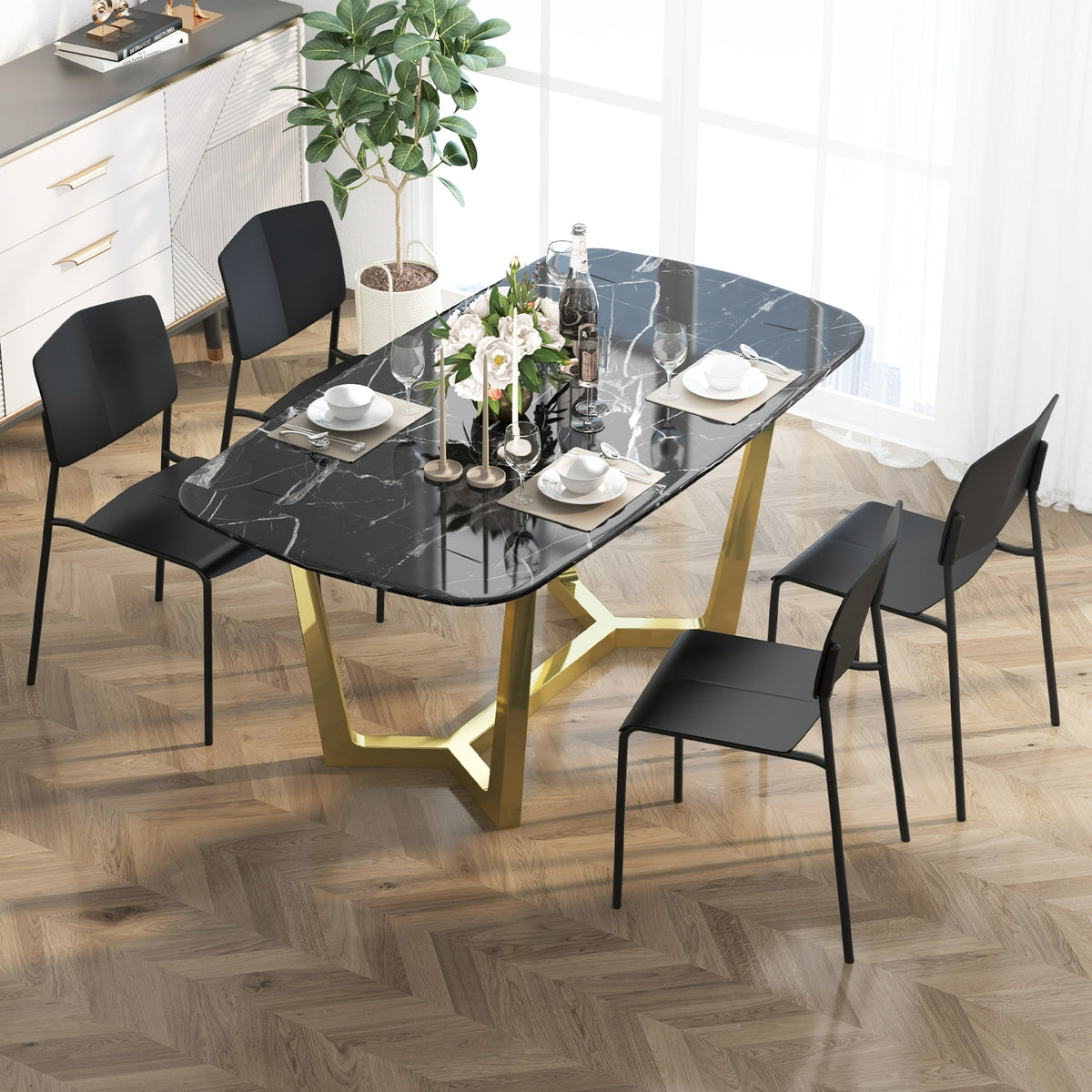 Modern Plastic Dining Chair Set of 2 with Metal Legs and Curved Back-Black-Dining Chairs-DECOROLALA