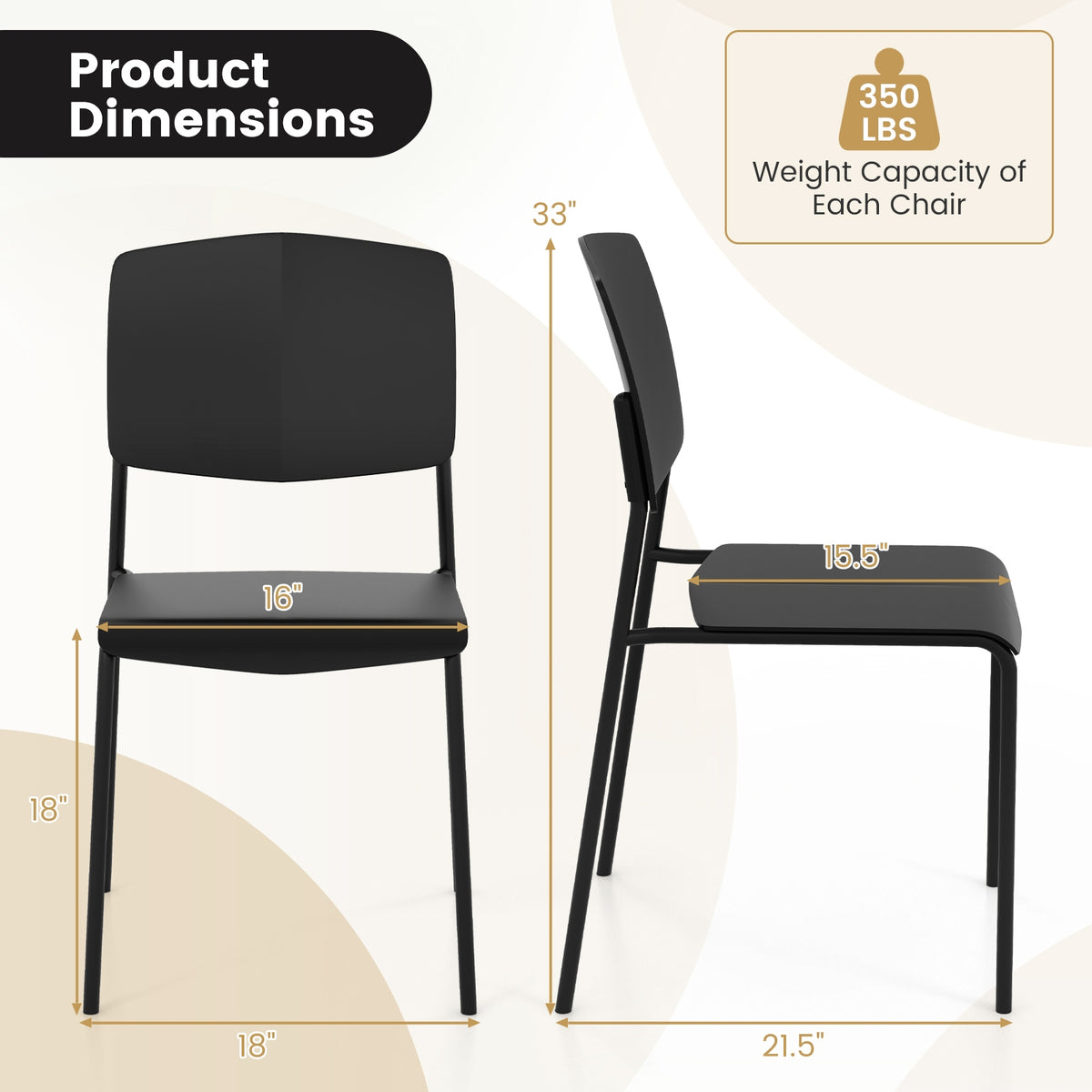 Modern Plastic Dining Chair Set of 2 with Metal Legs and Curved Back-Black-Dining Chairs-DECOROLALA