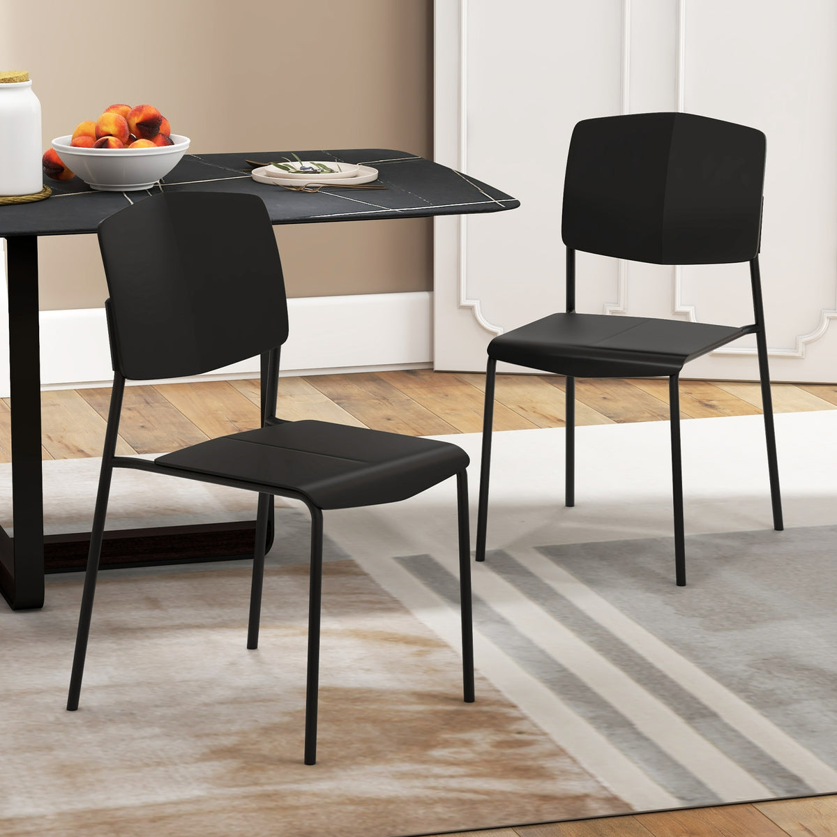 Modern Plastic Dining Chair Set of 2 with Metal Legs and Curved Back-Black-Dining Chairs-DECOROLALA