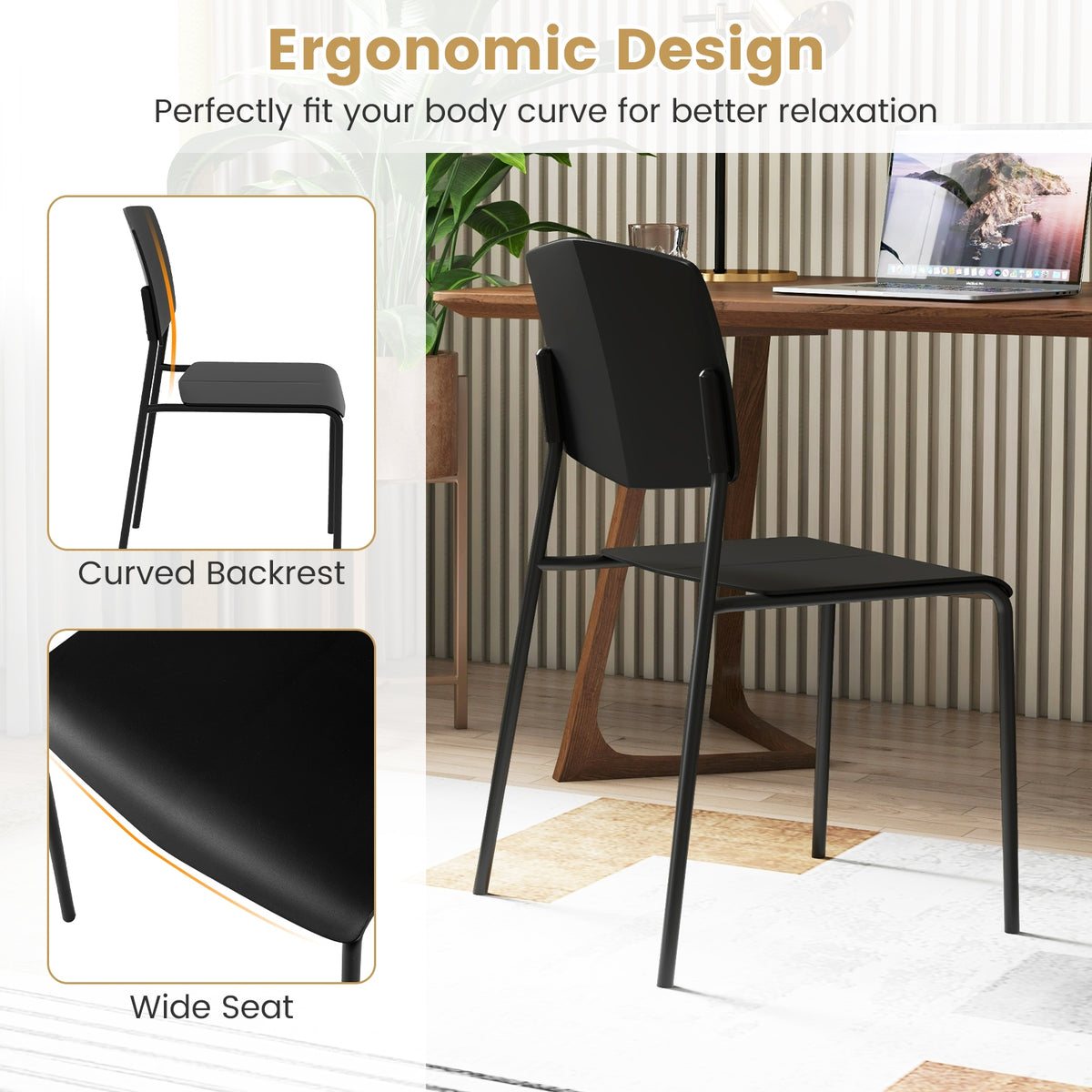 Modern Plastic Dining Chair Set of 2 with Metal Legs and Curved Back-Black-Dining Chairs-DECOROLALA