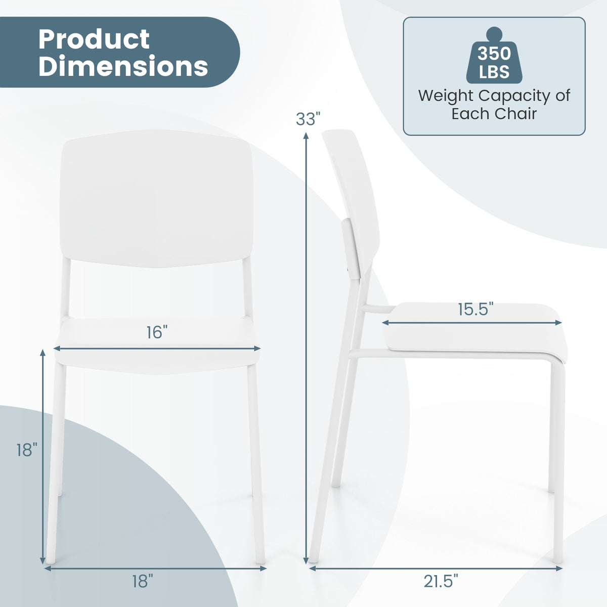 Modern Plastic Dining Chair Set of 2 with Metal Legs and Curved Back-White-Dining Chairs-DECOROLALA