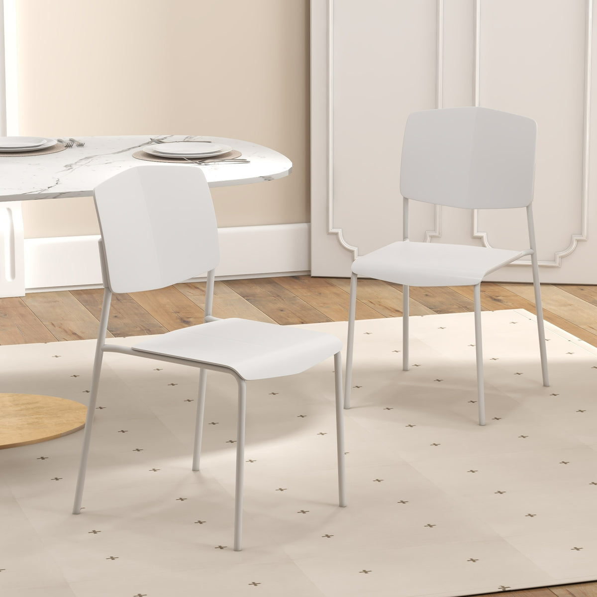 Modern Plastic Dining Chair Set of 2 with Metal Legs and Curved Back-White-Dining Chairs-DECOROLALA