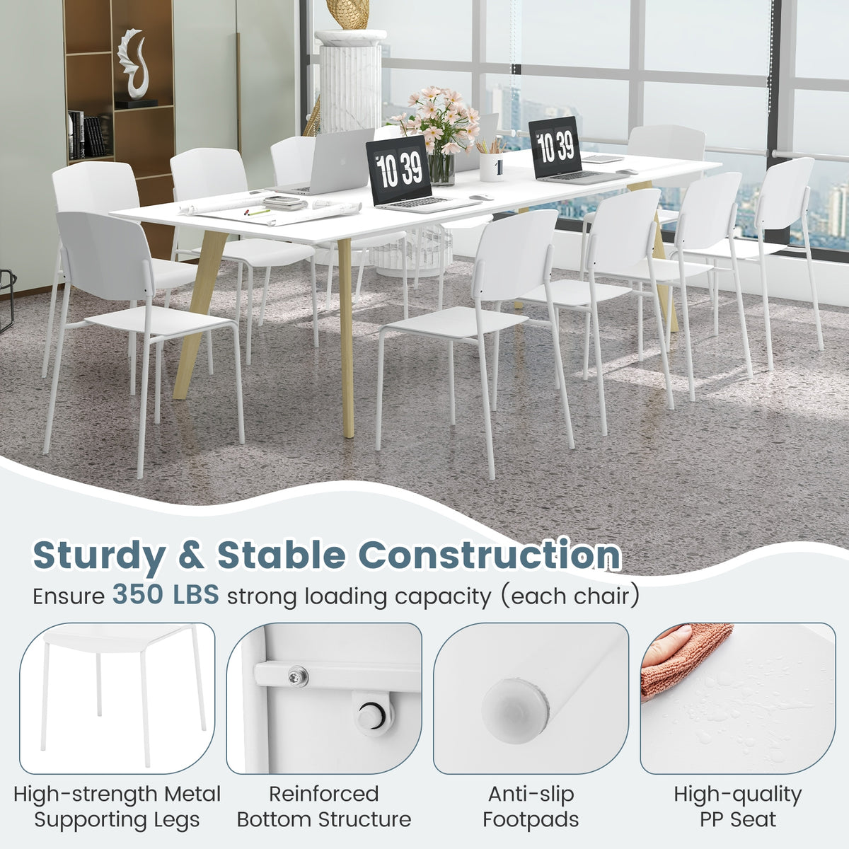 Modern Plastic Dining Chair Set of 2 with Metal Legs and Curved Back-White-Dining Chairs-DECOROLALA