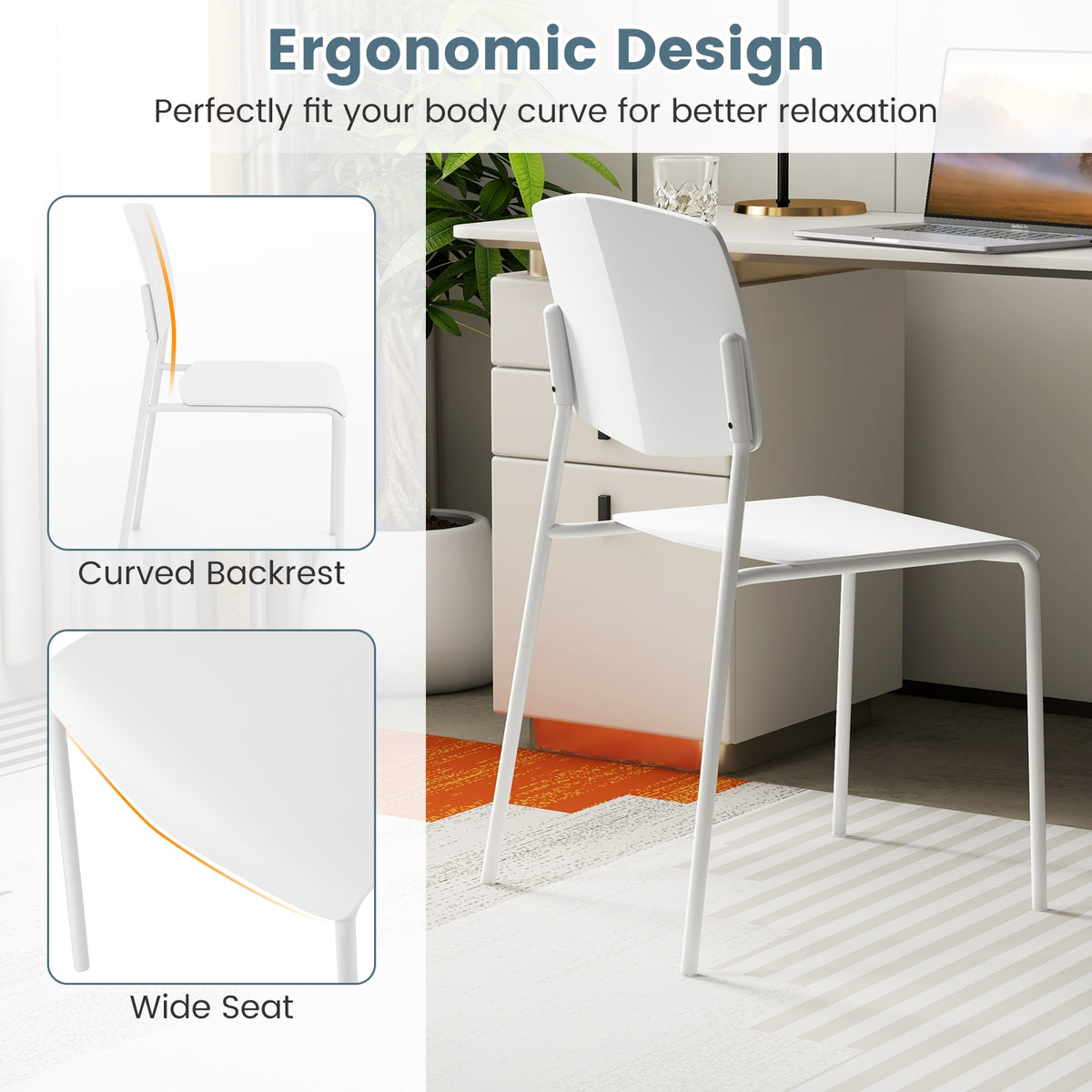 Modern Plastic Dining Chair Set of 2 with Metal Legs and Curved Back-White-Dining Chairs-DECOROLALA