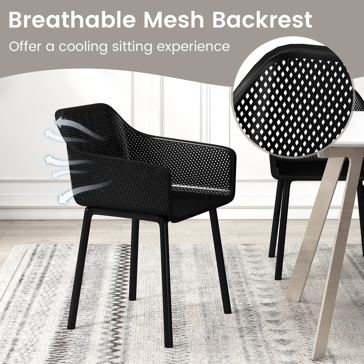 Modern Plastic Dining Chairs Set of 2 Kitchen Armchairs with Breathable Mesh Backres-Black-Dining Chairs-DECOROLALA