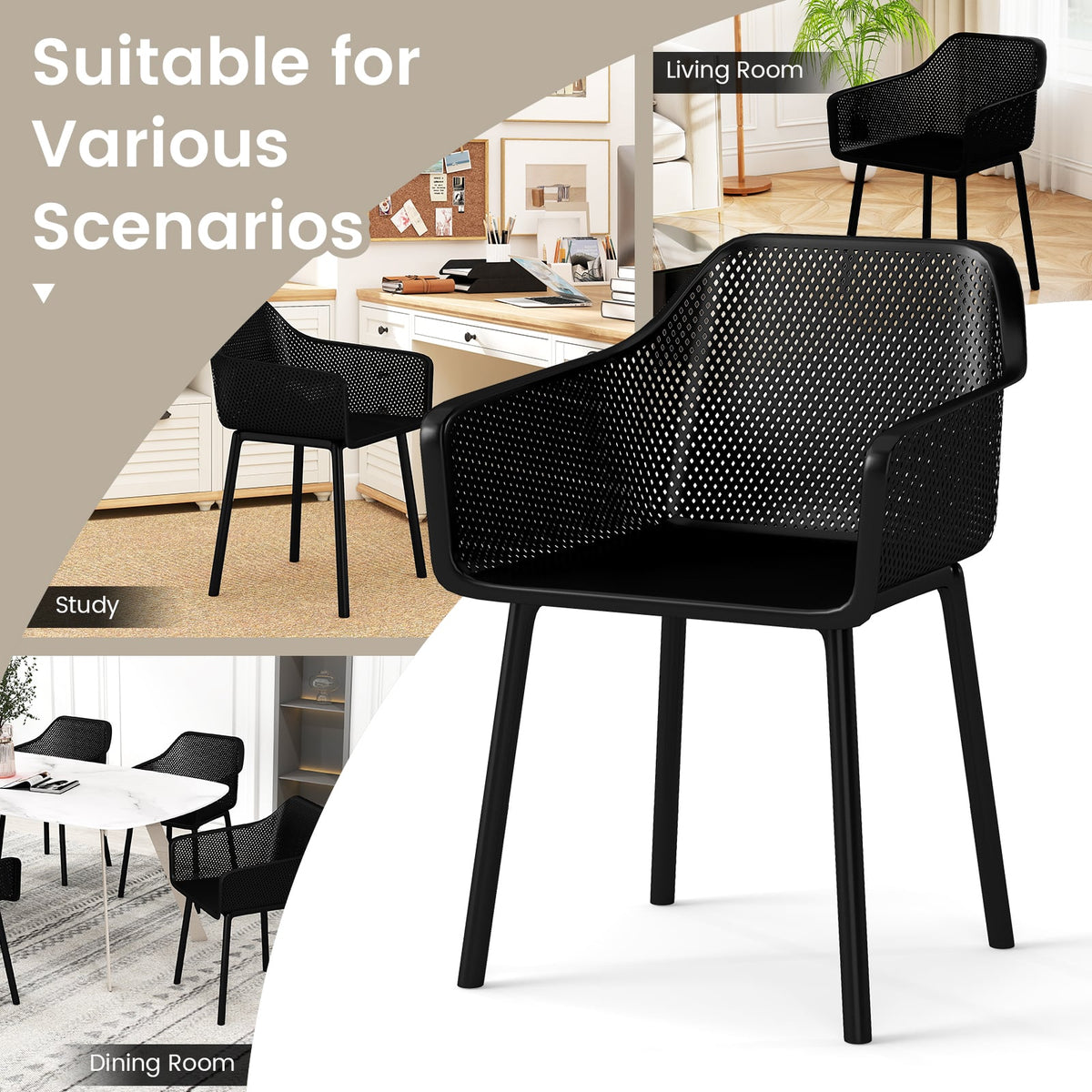 Modern Plastic Dining Chairs Set of 2 Kitchen Armchairs with Breathable Mesh Backres-Black-Dining Chairs-DECOROLALA