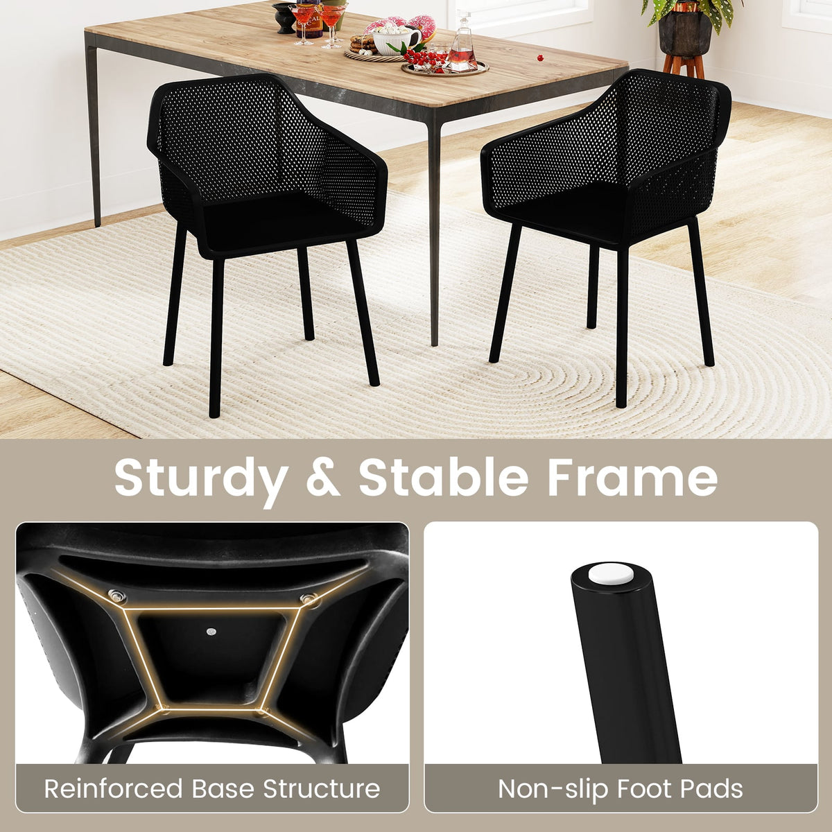 Modern Plastic Dining Chairs Set of 2 Kitchen Armchairs with Breathable Mesh Backres-Black-Dining Chairs-DECOROLALA