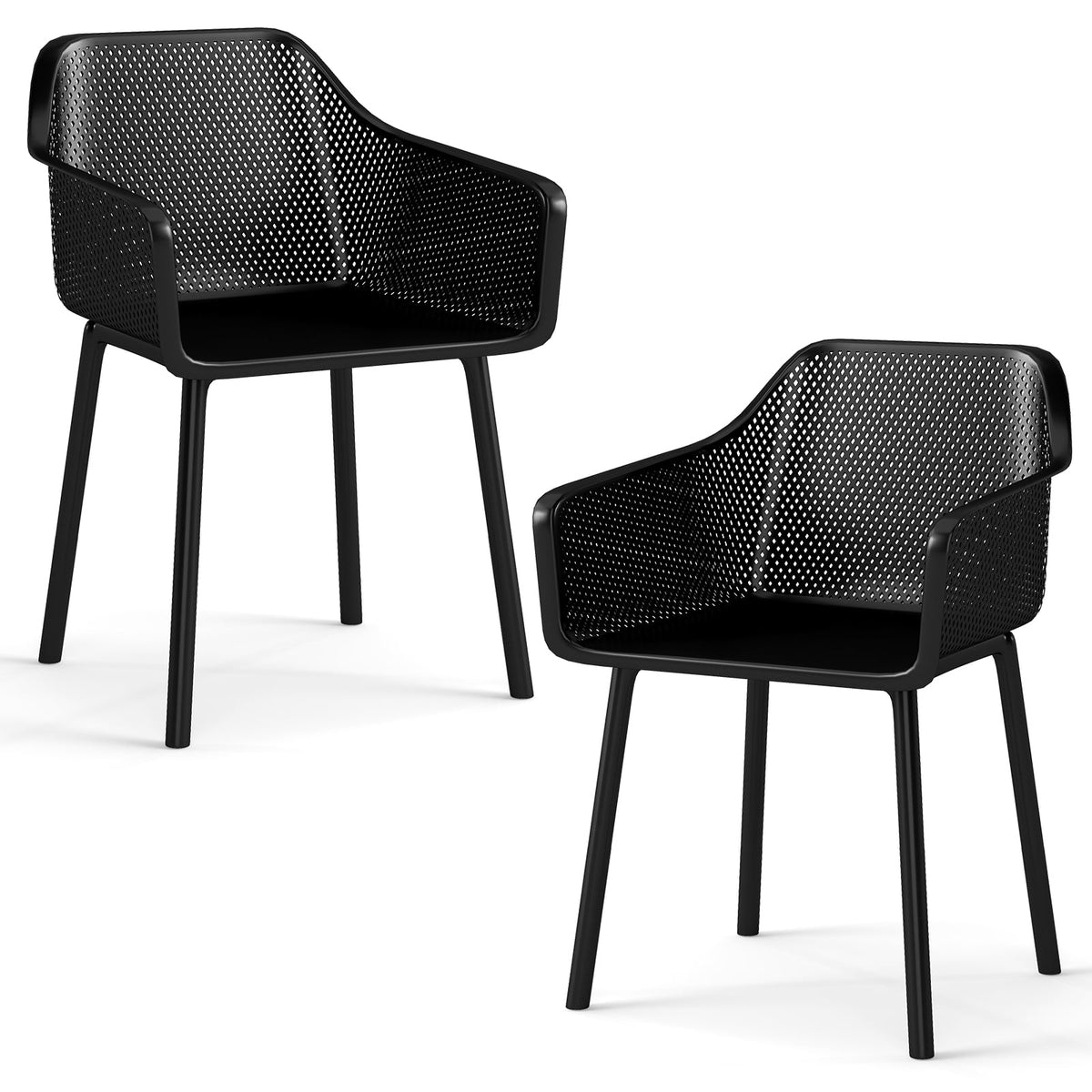 Modern Plastic Dining Chairs Set of 2 Kitchen Armchairs with Breathable Mesh Backres-Black-Dining Chairs-DECOROLALA