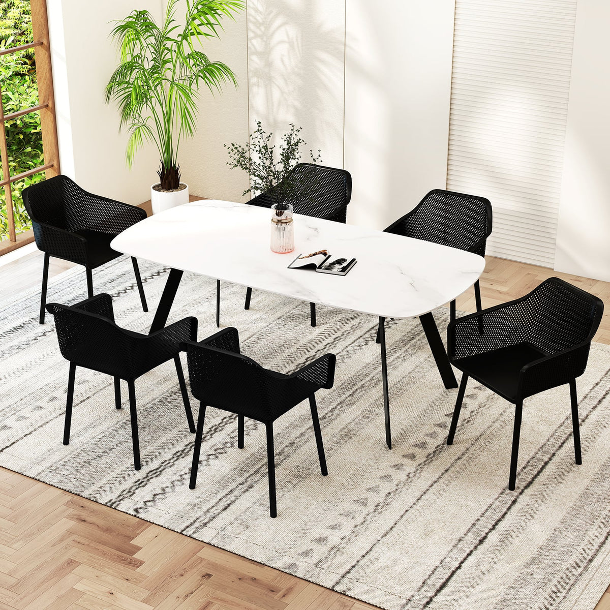 Modern Plastic Dining Chairs Set of 4 Kitchen Armchairs with Breathable Mesh Backrest-Black-Dining Chairs-DECOROLALA