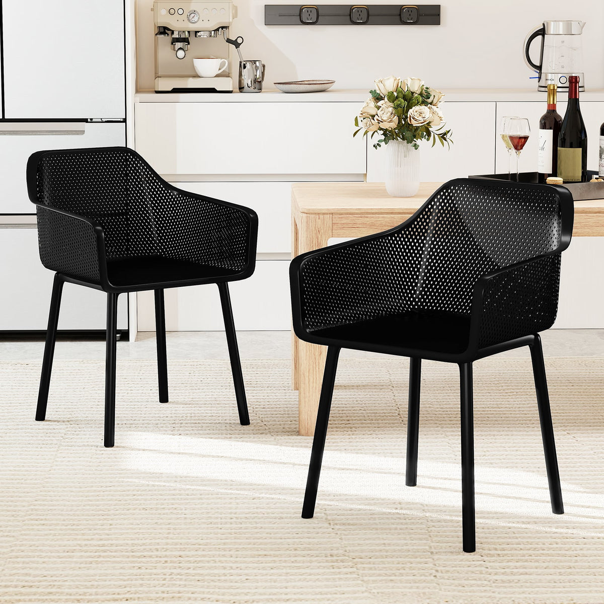 Modern Plastic Dining Chairs Set of 4 Kitchen Armchairs with Breathable Mesh Backrest-Black-Dining Chairs-DECOROLALA