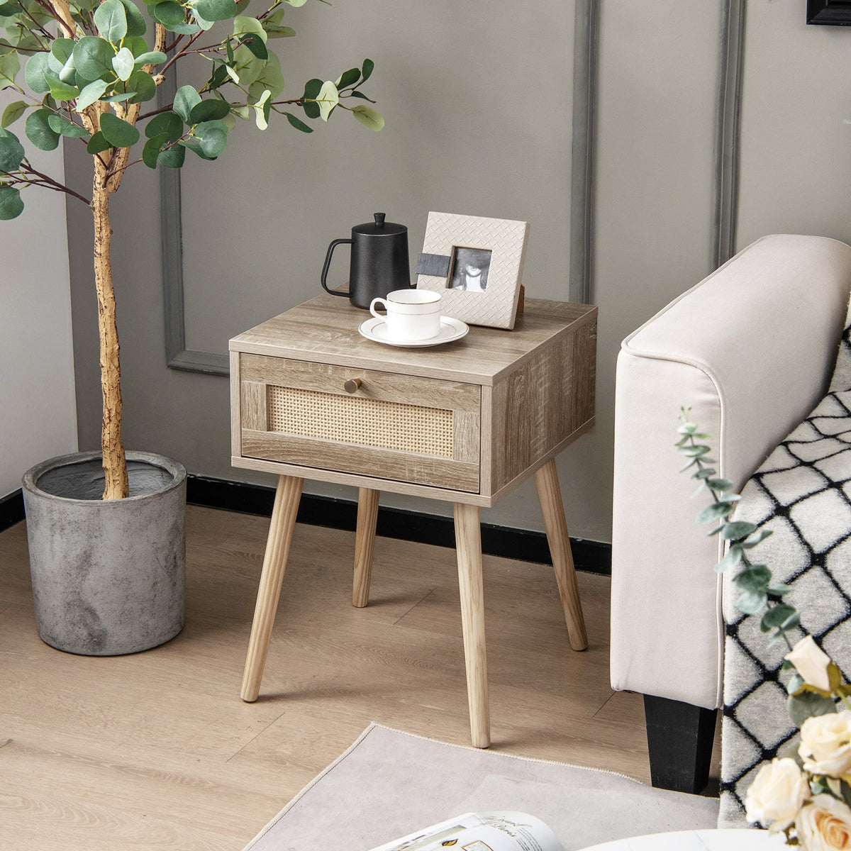 Modern Rattan Nightstand with Drawer and Solid Wood Legs for Bedroom and Living Room-Natural-Nightstands-DECOROLALA