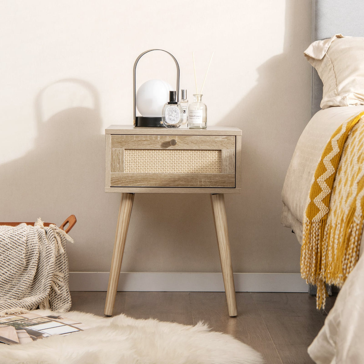 Modern Rattan Nightstand with Drawer and Solid Wood Legs for Bedroom and Living Room-Natural-Nightstands-DECOROLALA