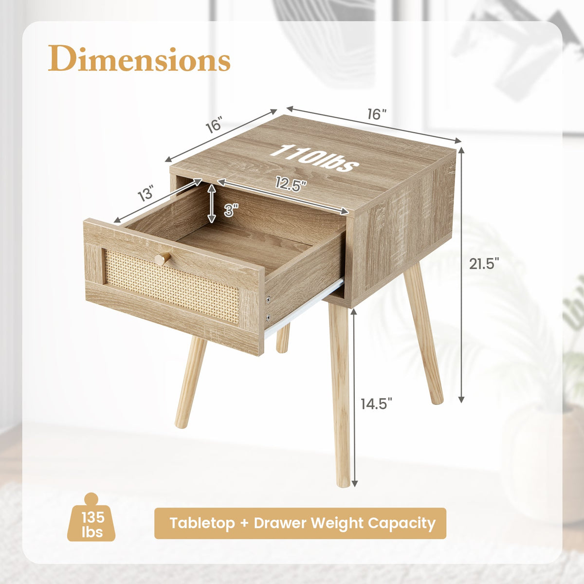 Modern Rattan Nightstand with Drawer and Solid Wood Legs for Bedroom and Living Room-Natural-Nightstands-DECOROLALA