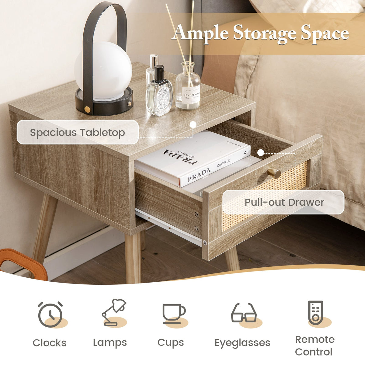 Modern Rattan Nightstand with Drawer and Solid Wood Legs for Bedroom and Living Room-Natural-Nightstands-DECOROLALA