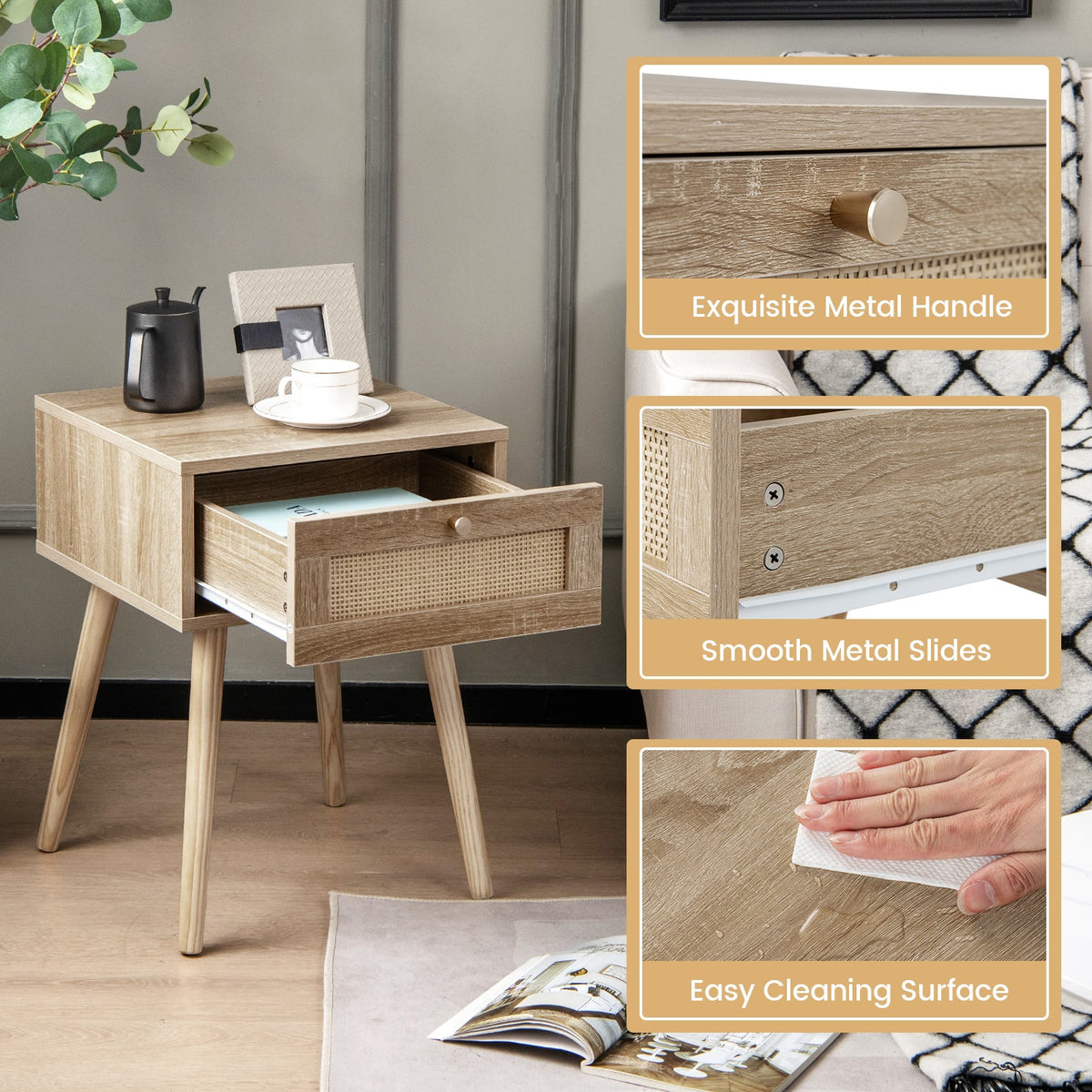 Modern Rattan Nightstand with Drawer and Solid Wood Legs for Bedroom and Living Room-Natural-Nightstands-DECOROLALA