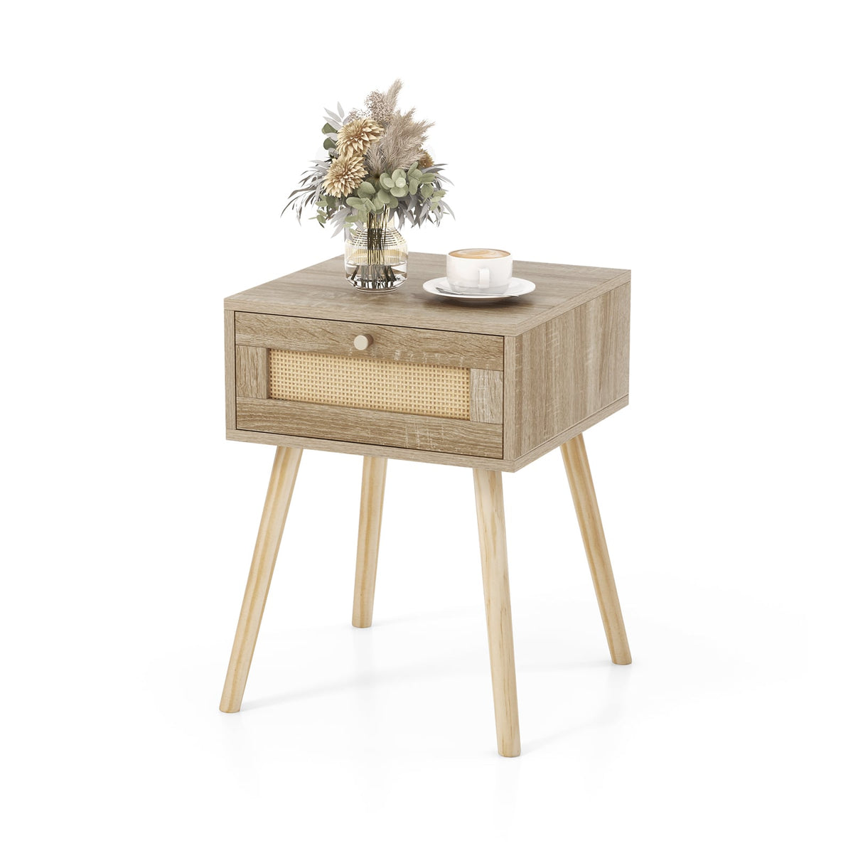 Modern Rattan Nightstand with Drawer and Solid Wood Legs for Bedroom and Living Room-Natural-Nightstands-DECOROLALA