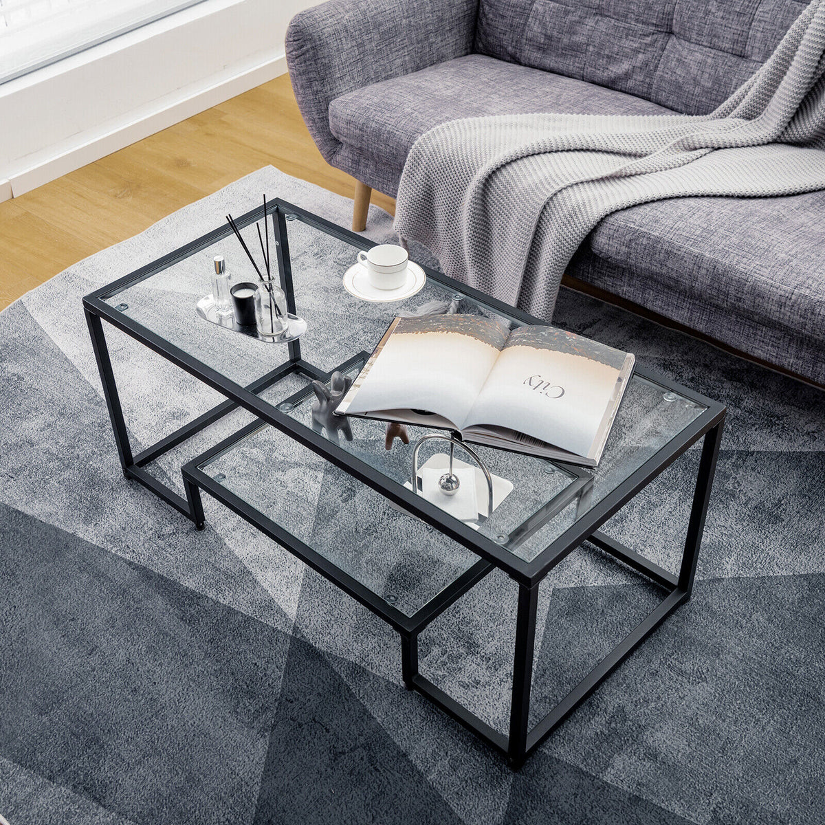 Modern Rectangular Coffee Table with Glass Table Top-Black-Coffee Tables-DECOROLALA