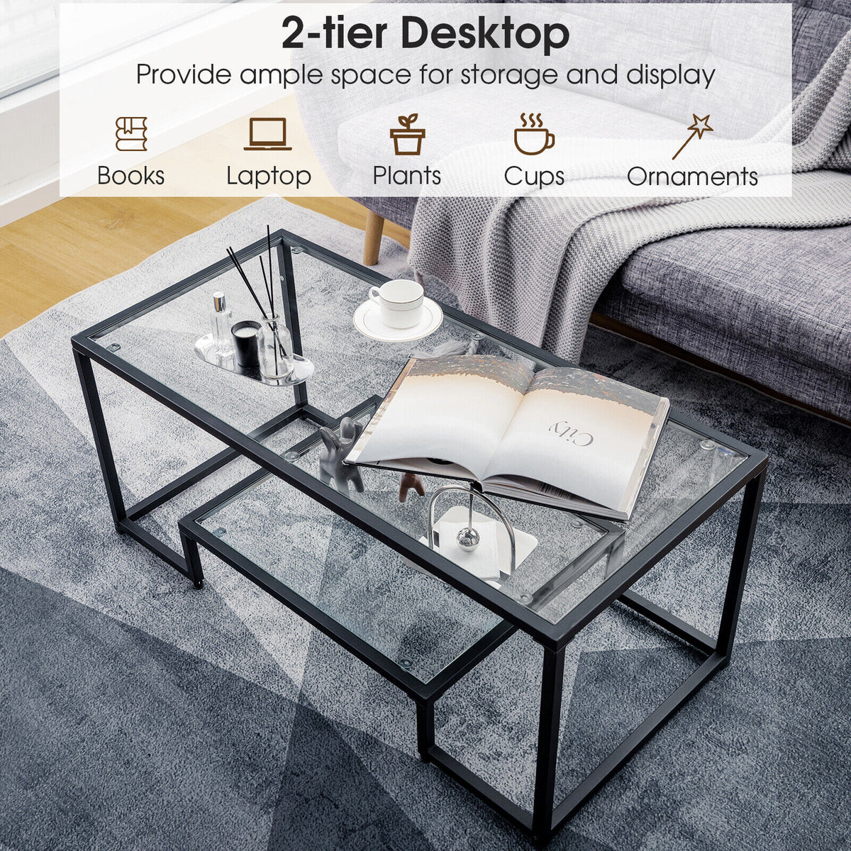 Modern Rectangular Coffee Table with Glass Table Top-Black-Coffee Tables-DECOROLALA
