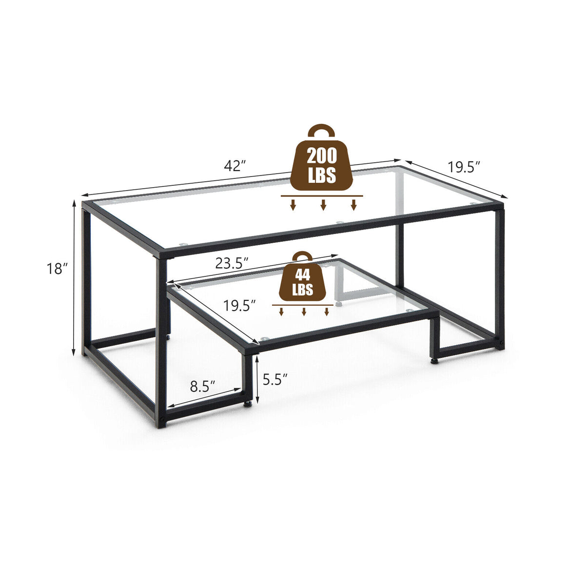 Modern Rectangular Coffee Table with Glass Table Top-Black-Coffee Tables-DECOROLALA