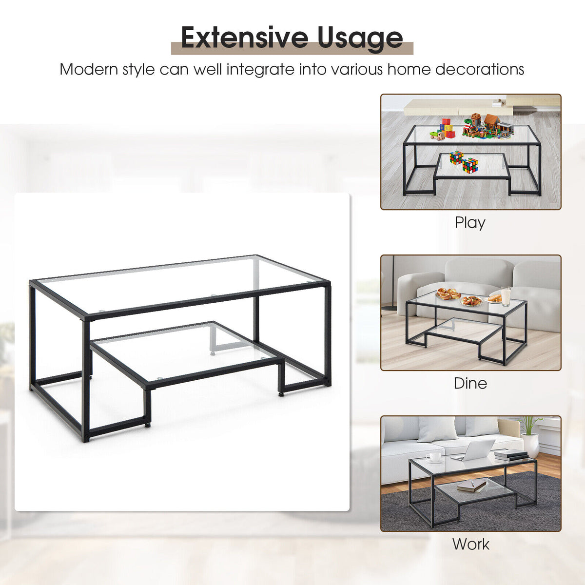 Modern Rectangular Coffee Table with Glass Table Top-Black-Coffee Tables-DECOROLALA