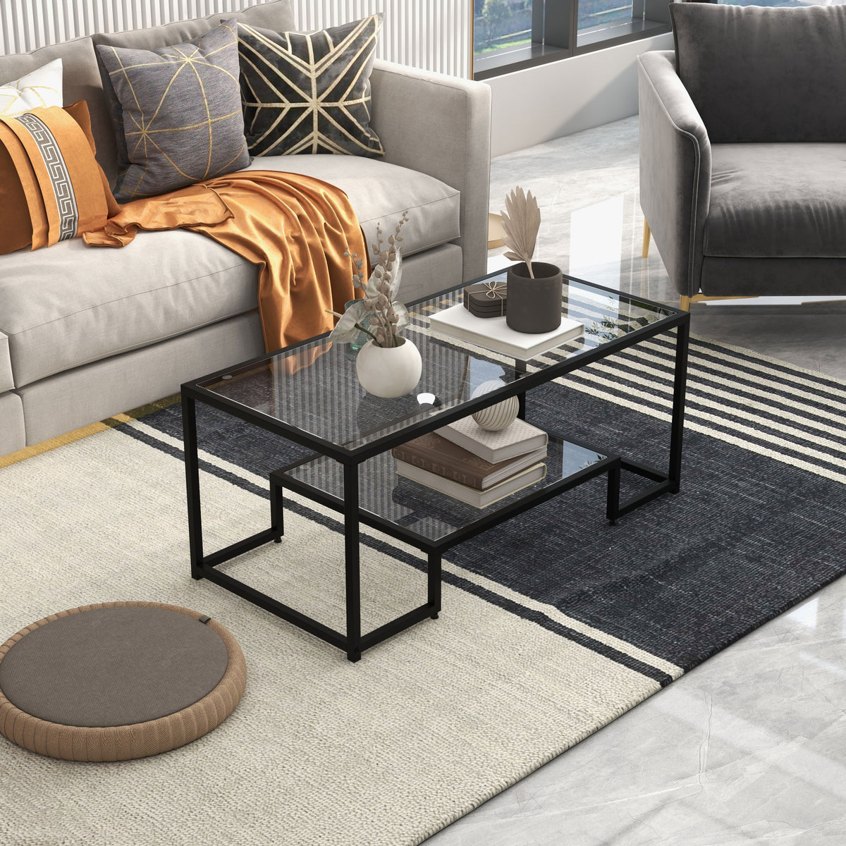Modern Rectangular Coffee Table with Glass Table Top-Black-Coffee Tables-DECOROLALA