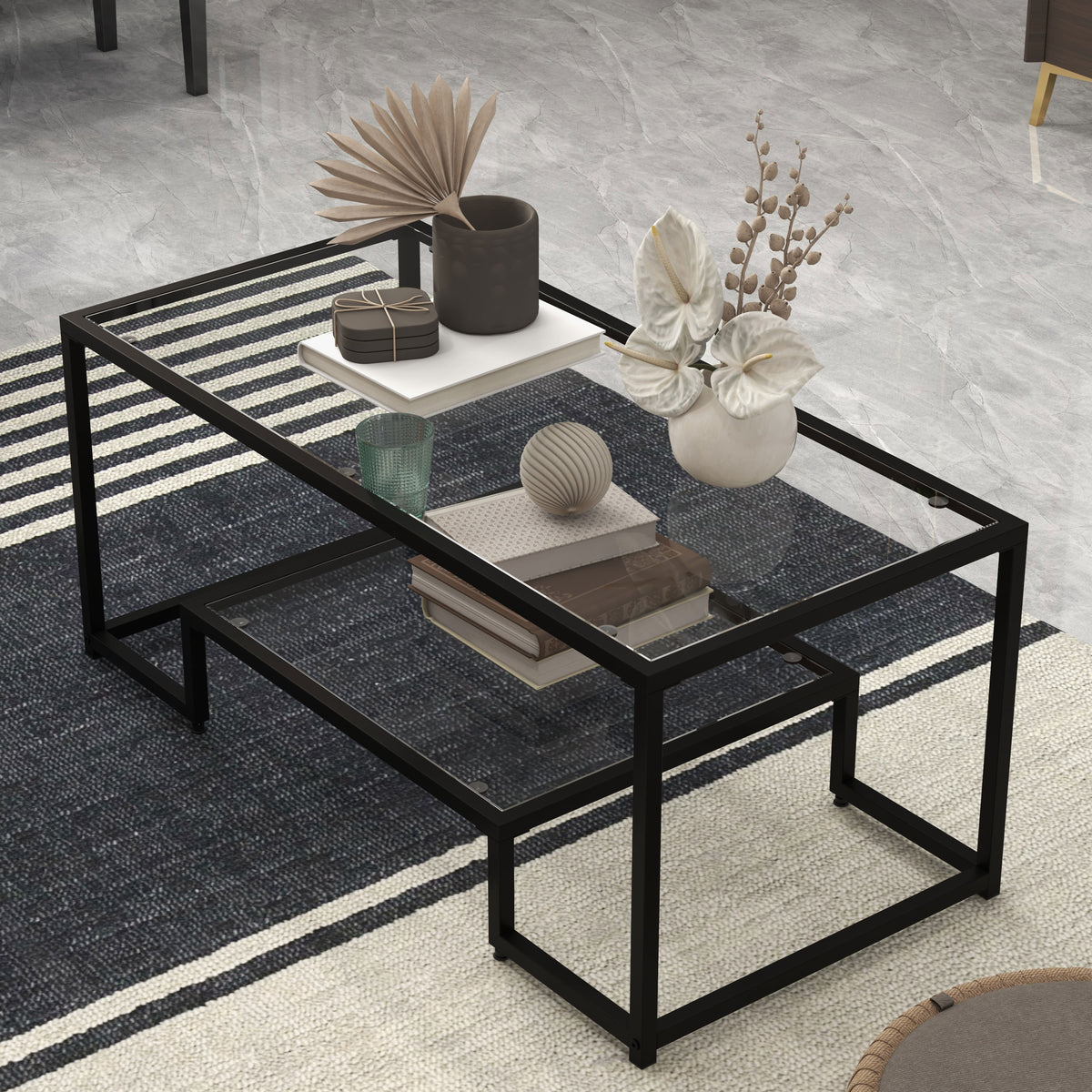 Modern Rectangular Coffee Table with Glass Table Top-Black-Coffee Tables-DECOROLALA
