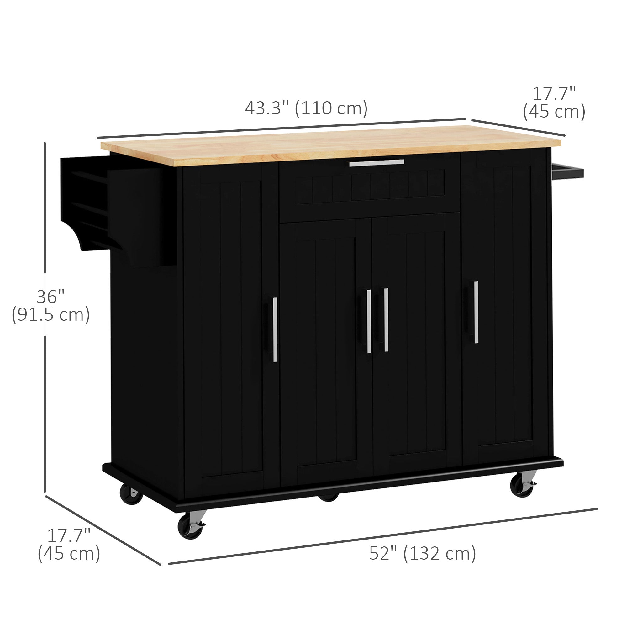 Modern Rolling Kitchen Island Cart - Black 52" Rubber Wood Top-DECOROLALA