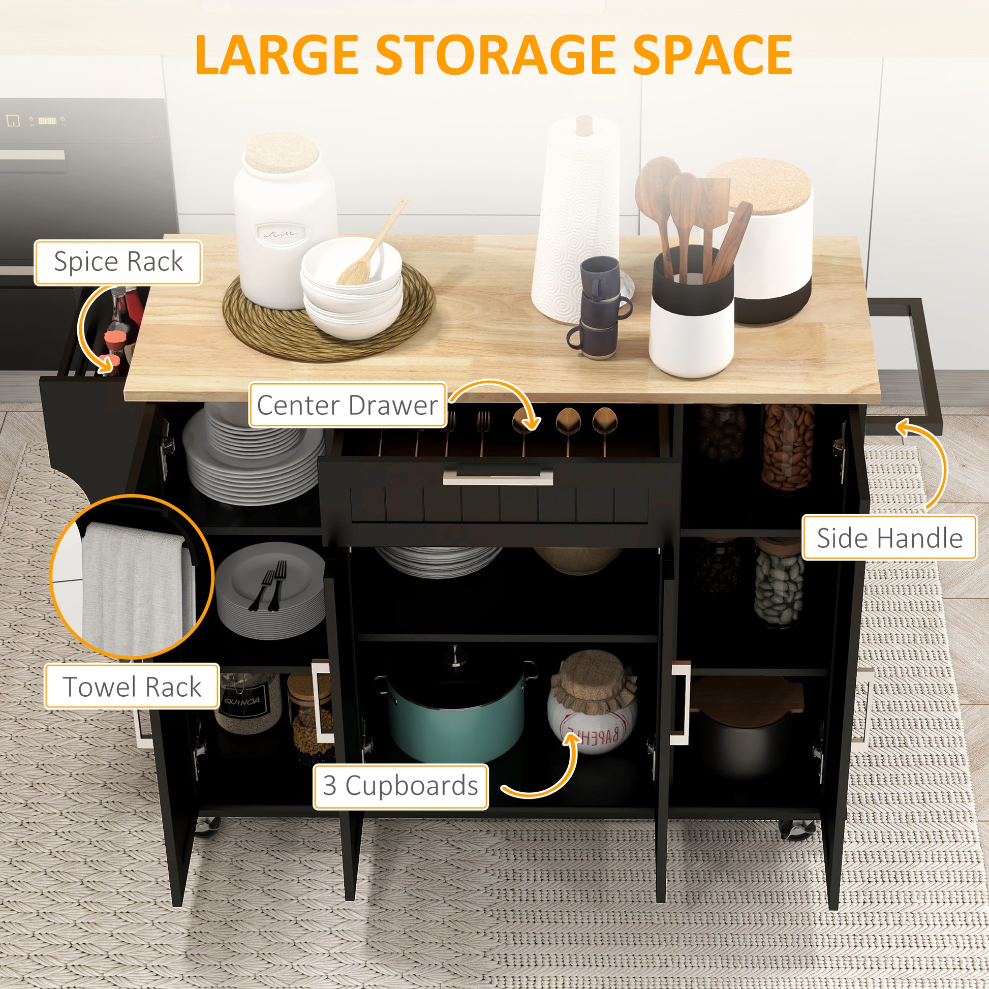 Modern Rolling Kitchen Island Cart - Black 52" Rubber Wood Top-DECOROLALA