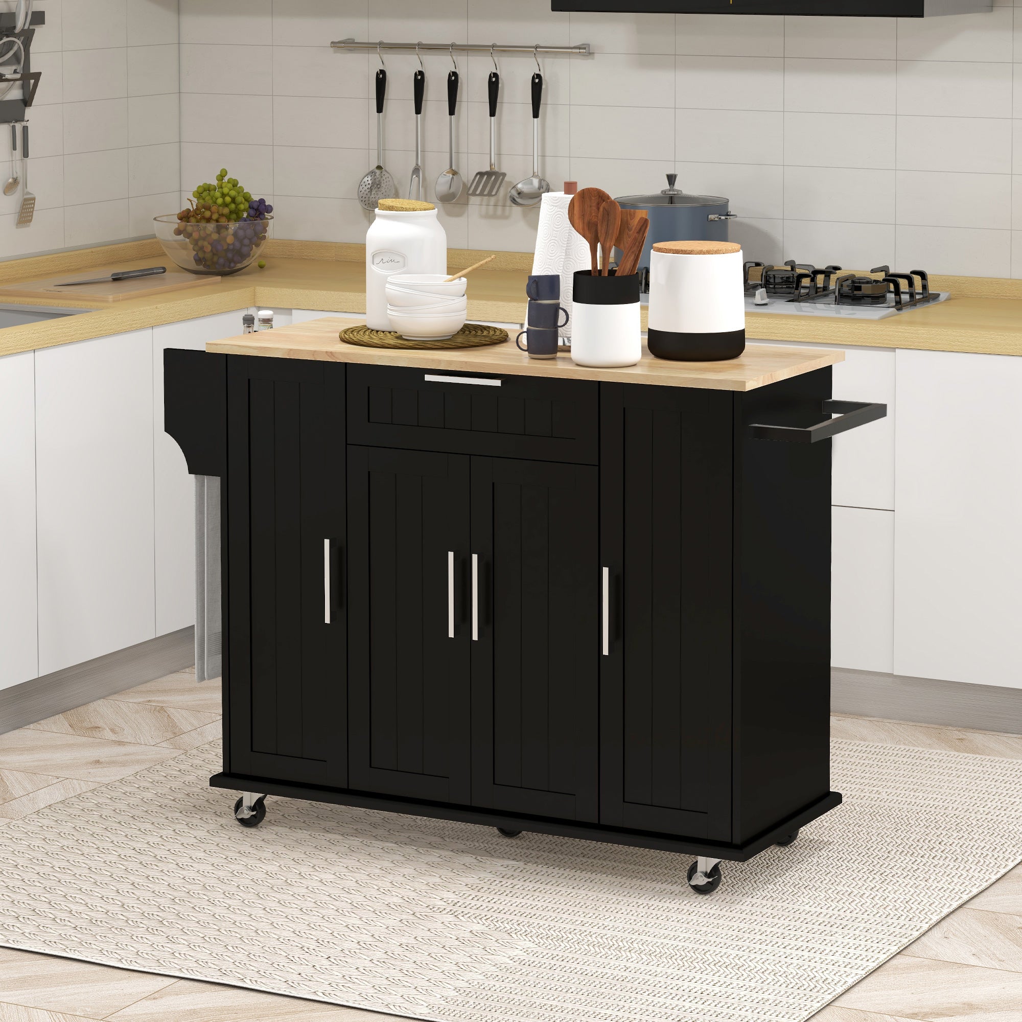 Modern Rolling Kitchen Island Cart - Black 52" Rubber Wood Top-DECOROLALA