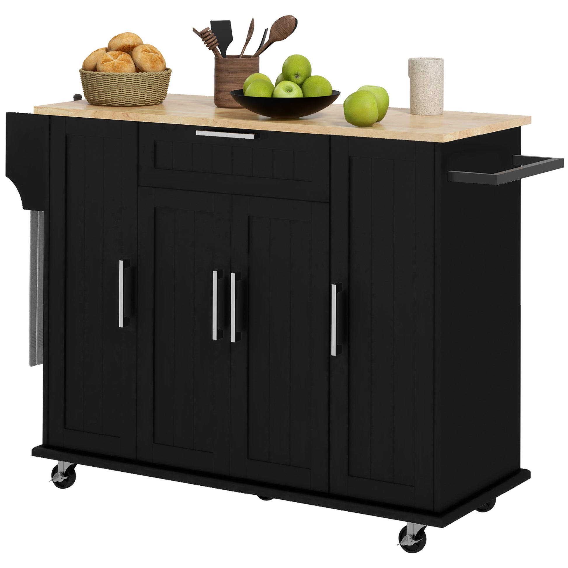 Modern Rolling Kitchen Island Cart - Black 52" Rubber Wood Top-DECOROLALA