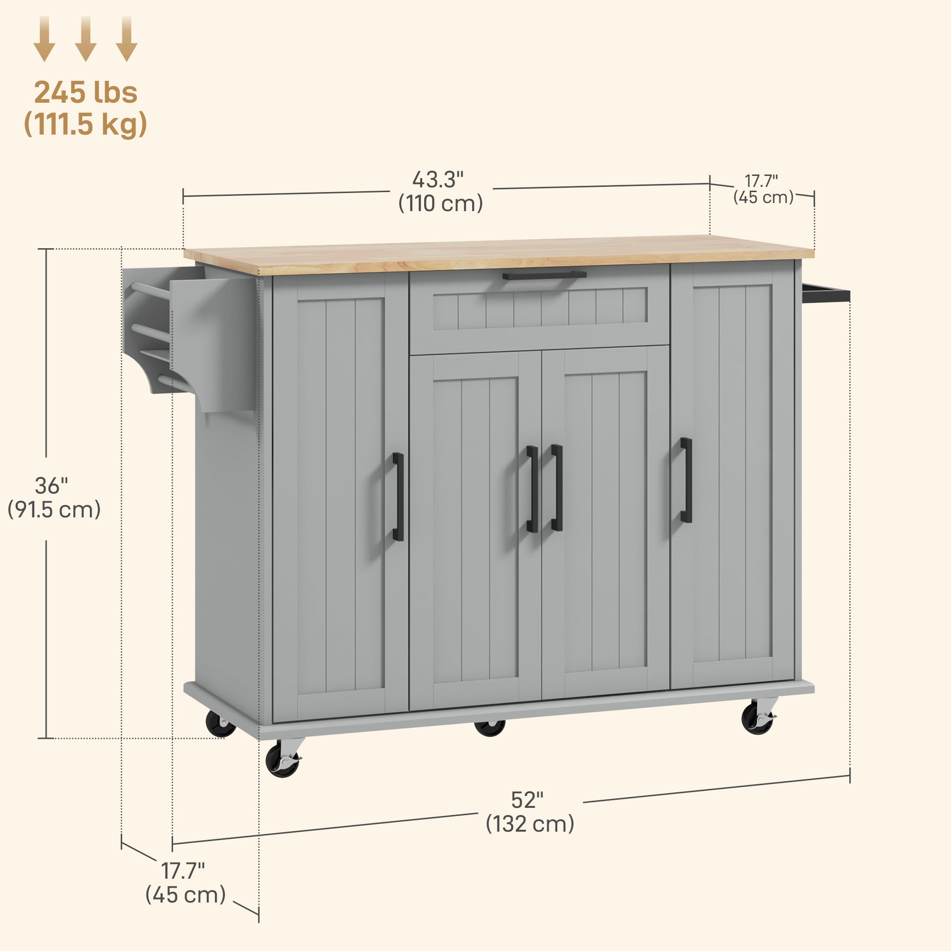 Modern Rolling Kitchen Island Cart - Grey Rubber Wood Top 52" W-DECOROLALA