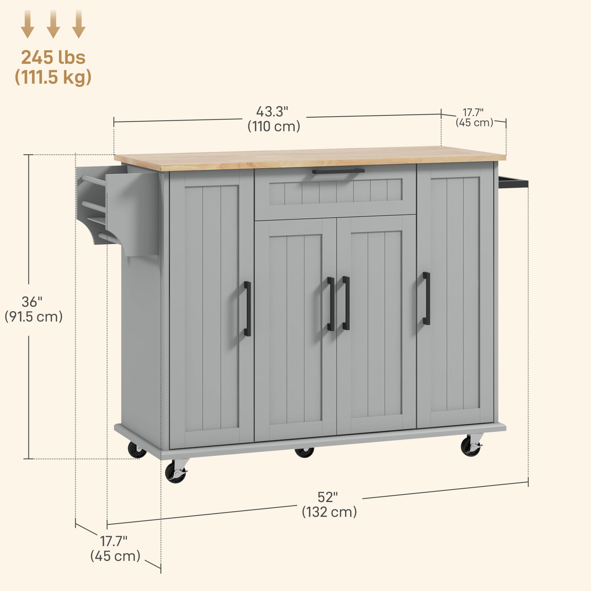 Modern Rolling Kitchen Island Cart - Grey Rubber Wood Top 52" W-DECOROLALA