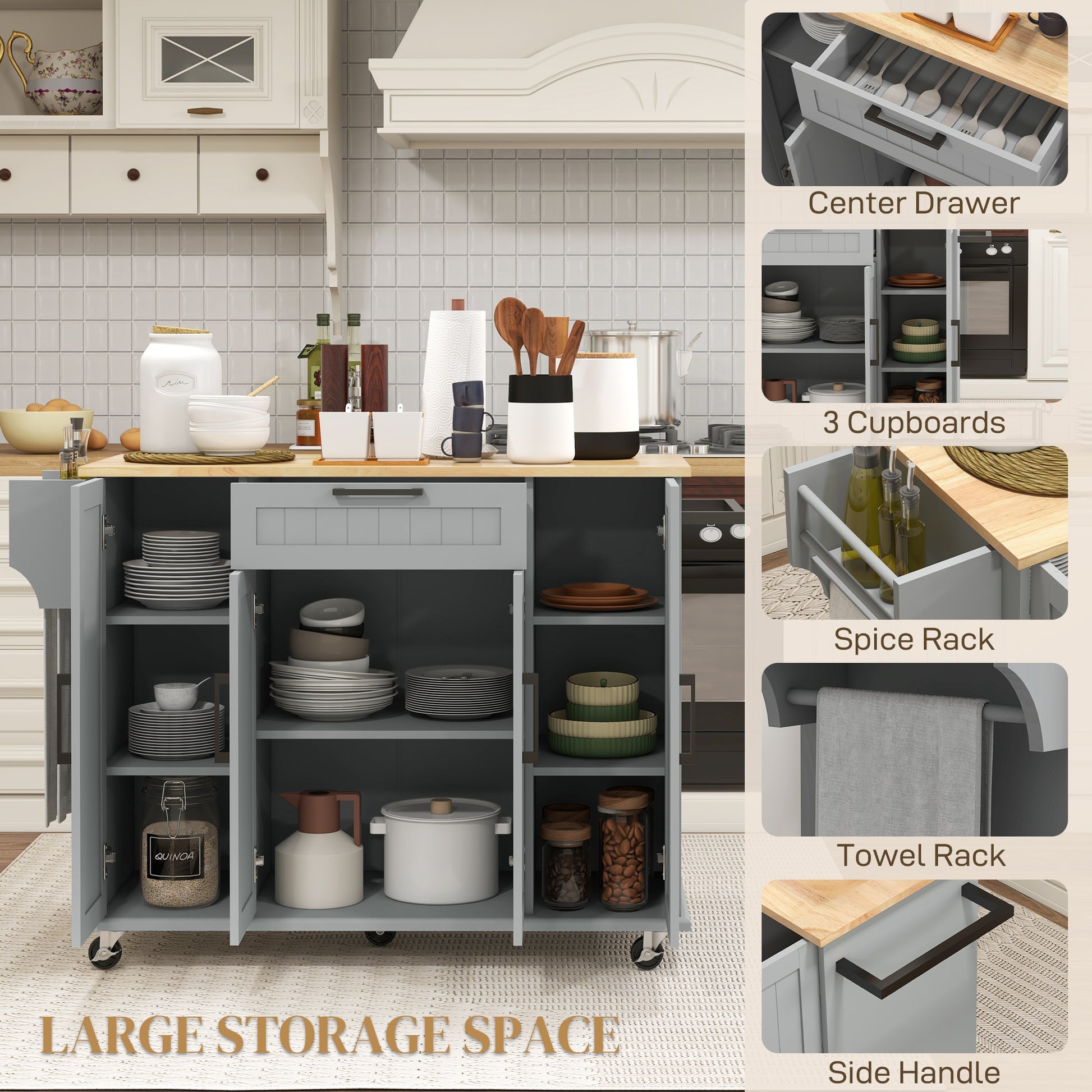 Modern Rolling Kitchen Island Cart - Grey Rubber Wood Top 52" W-DECOROLALA
