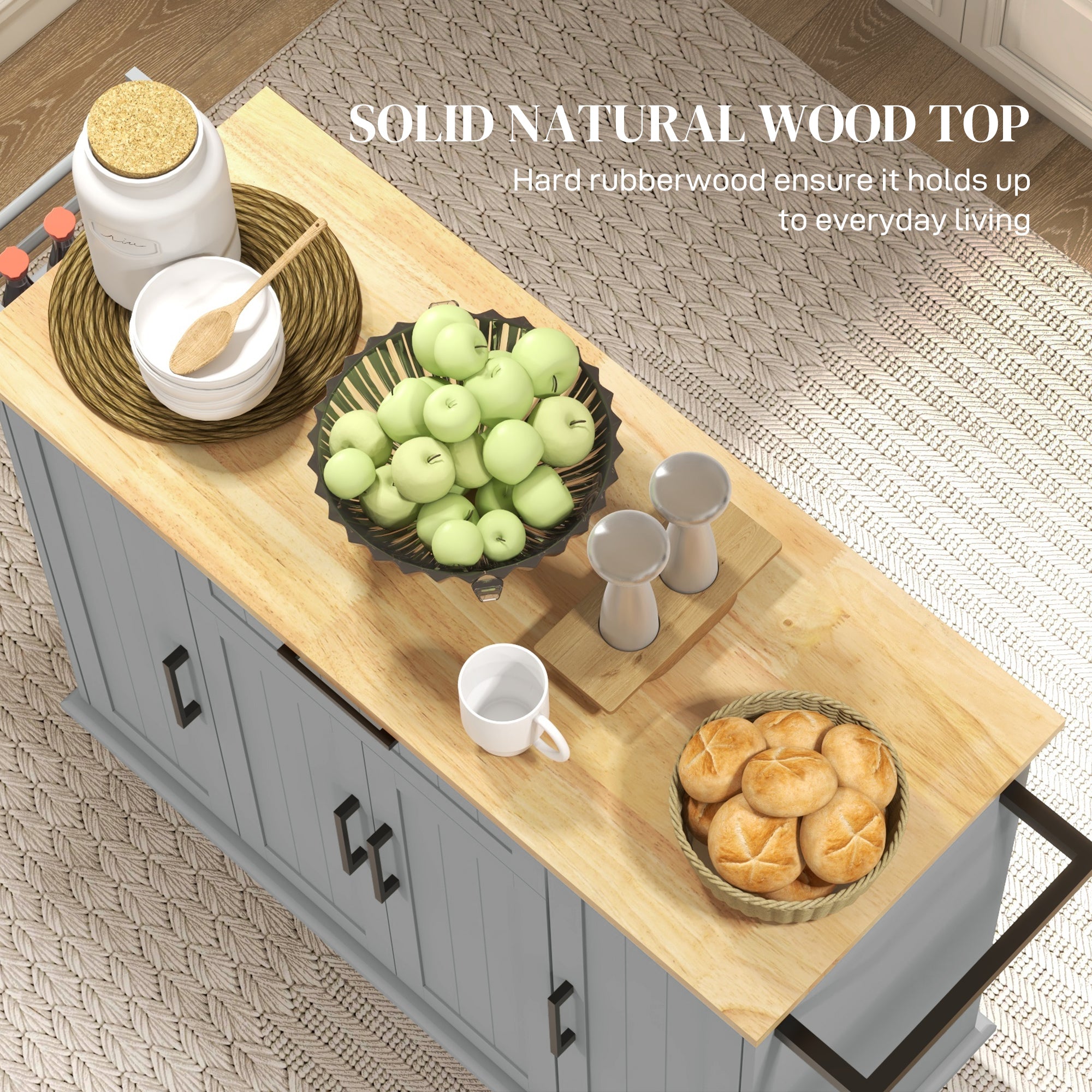 Modern Rolling Kitchen Island Cart - Grey Rubber Wood Top 52" W-DECOROLALA