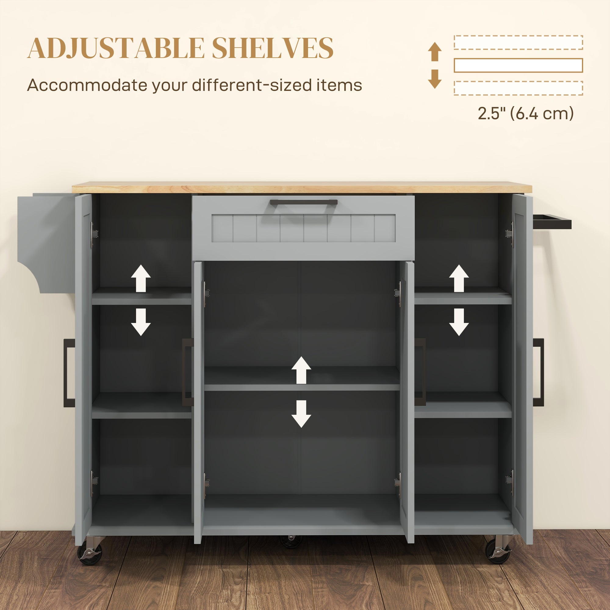 Modern Rolling Kitchen Island Cart - Grey Rubber Wood Top 52" W-DECOROLALA